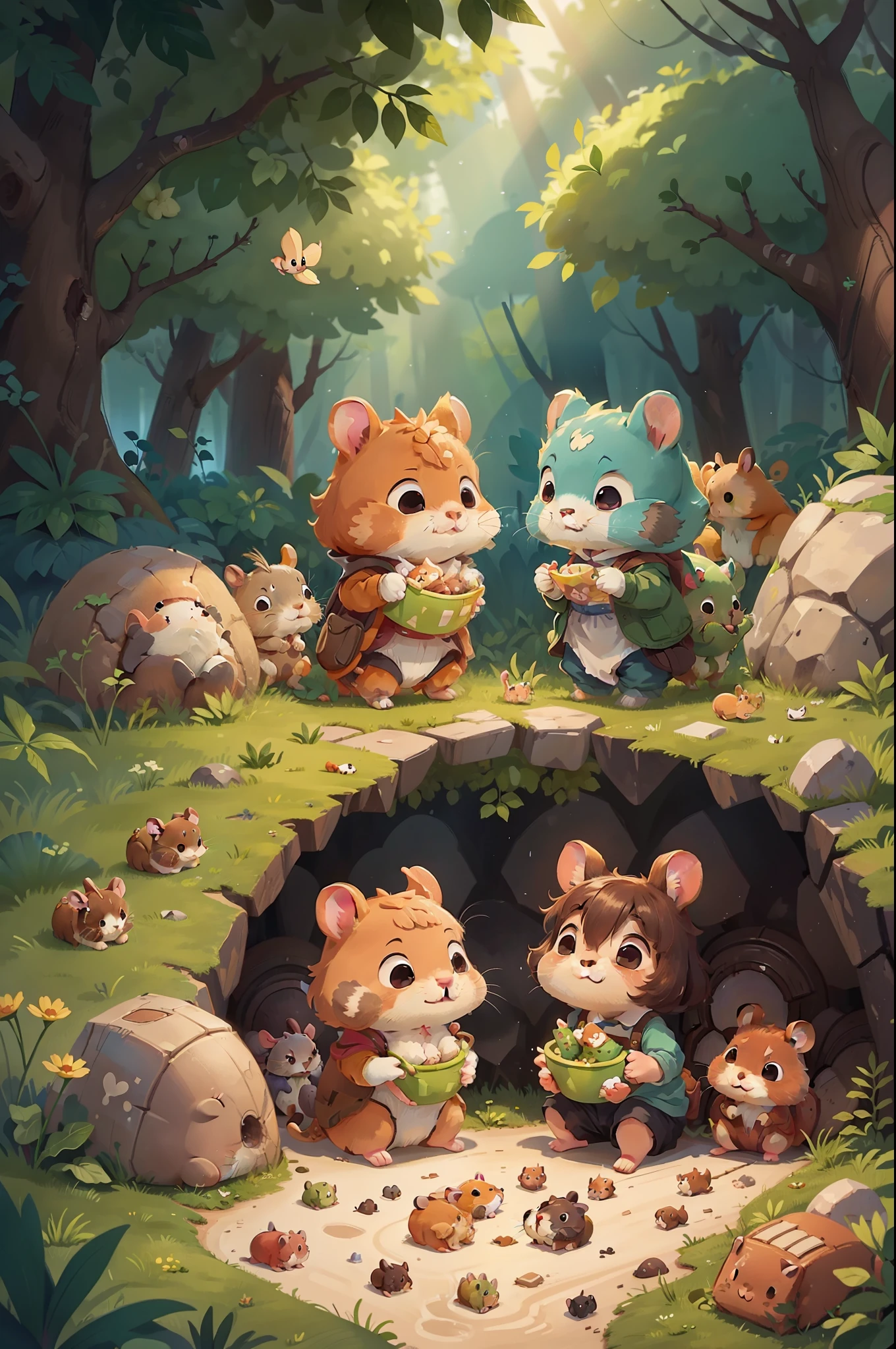 The friendship between the little rabbits and the little hamsters is even deeper。They explore together，Digging caves，hide-and-seek，Had a great time。They also share delicious food together，Talking about their dreams and plans。