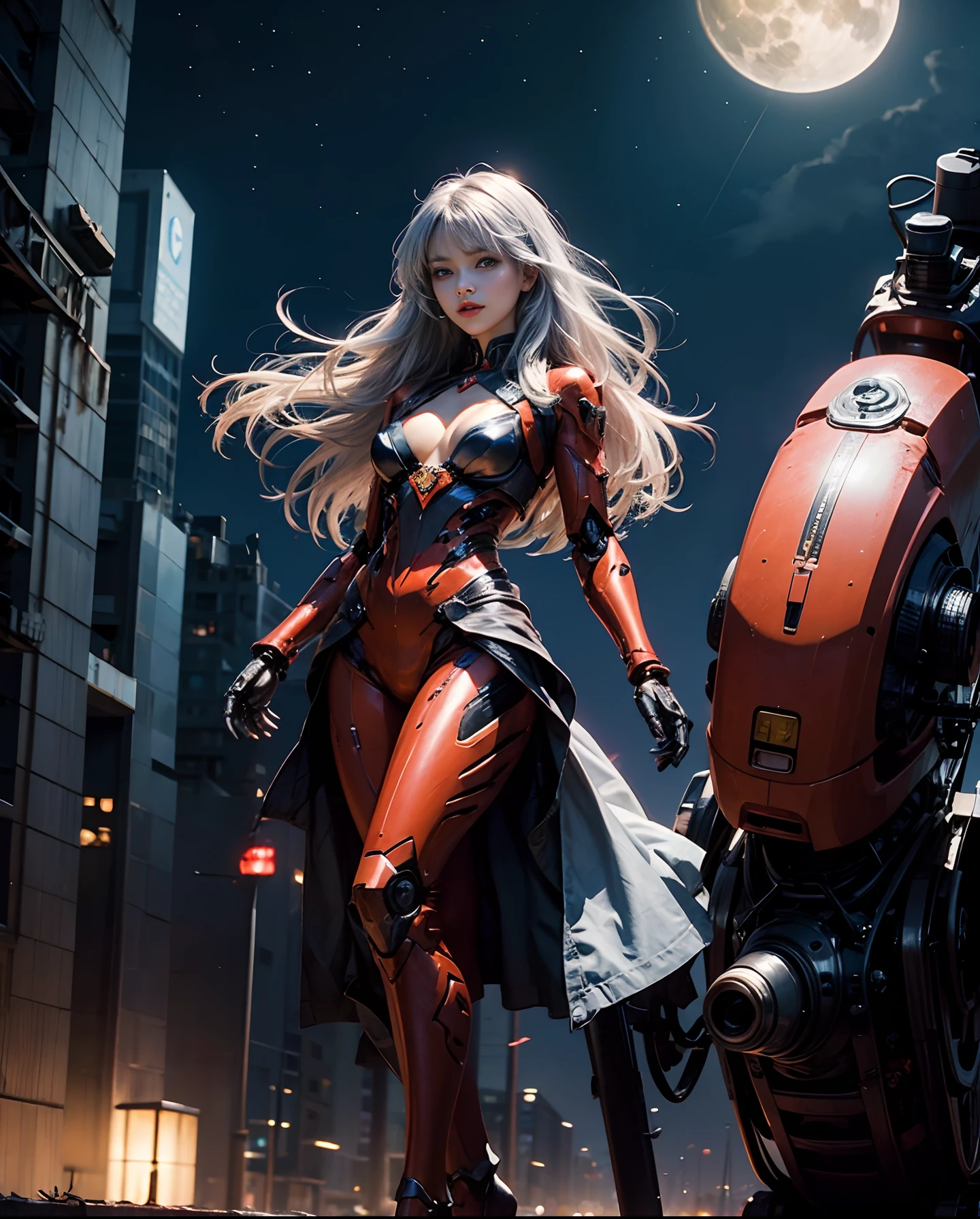 Gradient Color Hair、long fluttering silver hair、long hair flowing with the wind、Breasts are small and B size、A slender、Cleavage is visible。Paws are thin and beautiful,、photoRealstic、Colorful Evangelion-style metal mecha suit、detailed mechanical components、Metal cylinder、Fine parts、Giant robot standing behind、high-heels、Finish as shown in the photo、Eyes are double（A detailed eye）, Beautifully detailed、beautifull detailed face、Grab viewers' eyes with attractive poses、Futuristic battlefield at night、Eyes are on the viewer、The skin is white and transparent beauty、Big red full moon in the background、