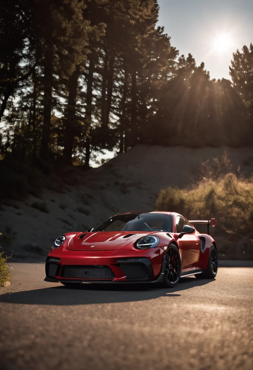 Red 2023 Porsche 911 GT3 photo shoot, The moon illuminated by a long shadow, Light focus，Use a telephoto lens to capture the details of the car in a surreal photographic style, The first quarter of the triangle shot, and fast-motion effects.