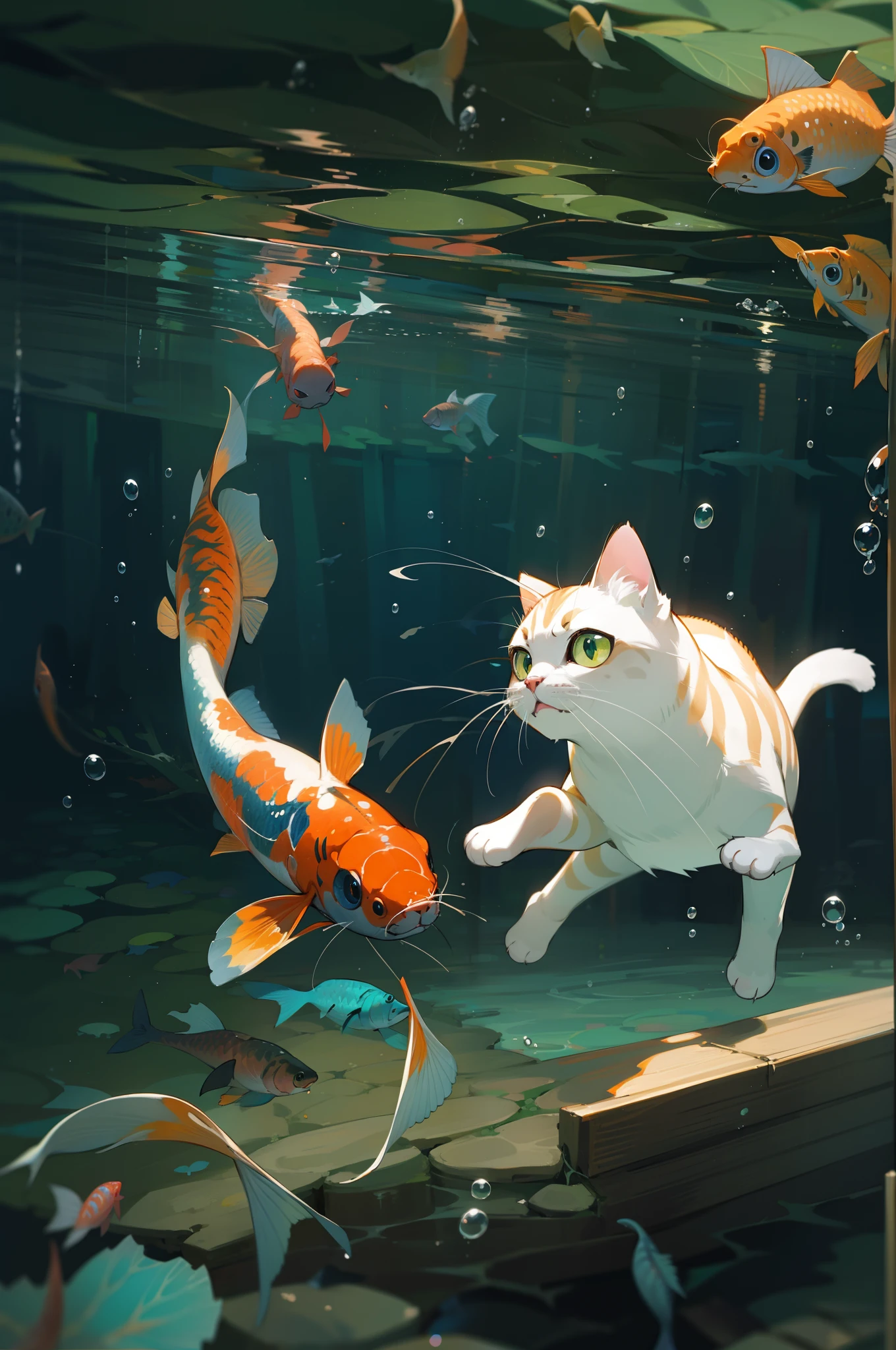 cat face looking at fish, looking little down