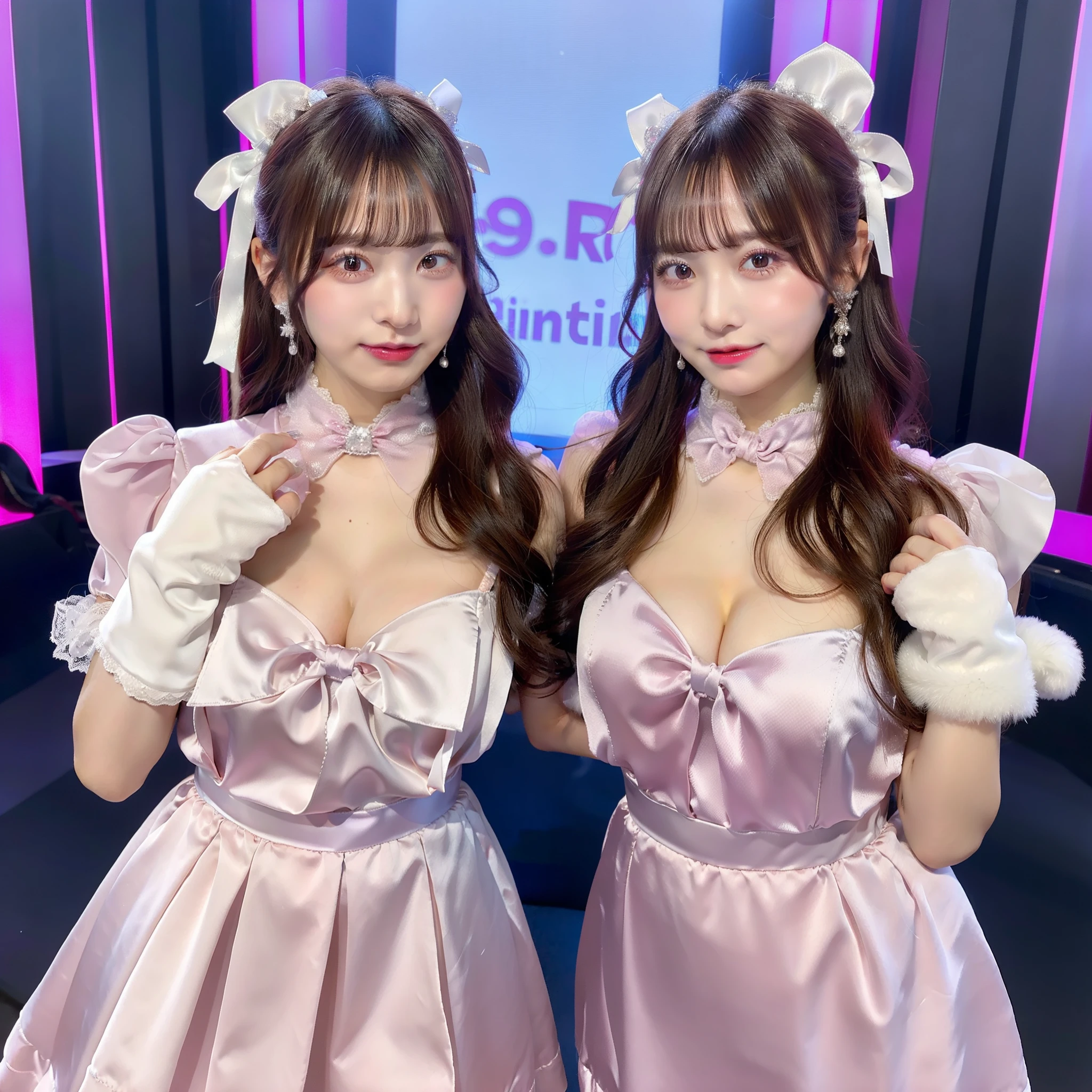 There is a woman wearing a pink satin dress and silver shiny gloves, Twin-tailed、Large ribbon、 Idol