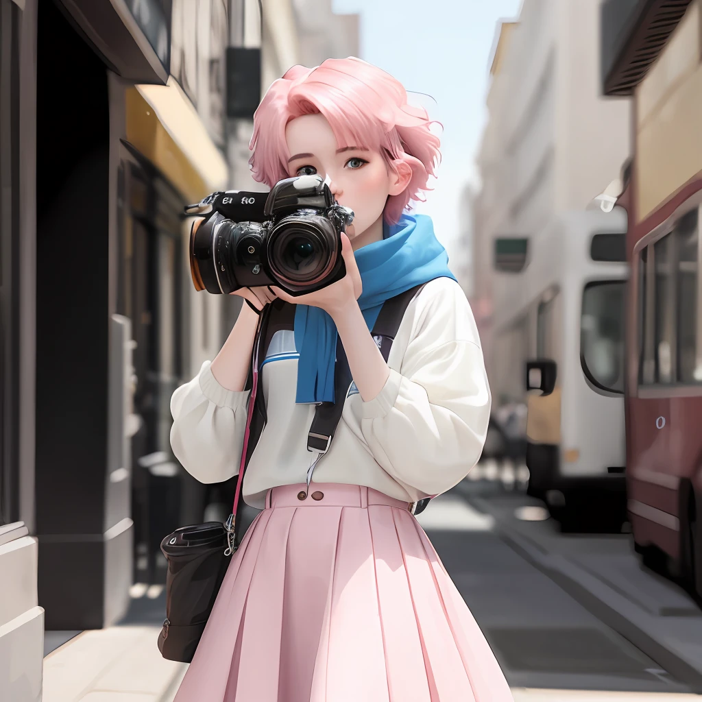 March 7th Short pink hair White clothes Blue skirt Blue camera Girl March 7 Lively