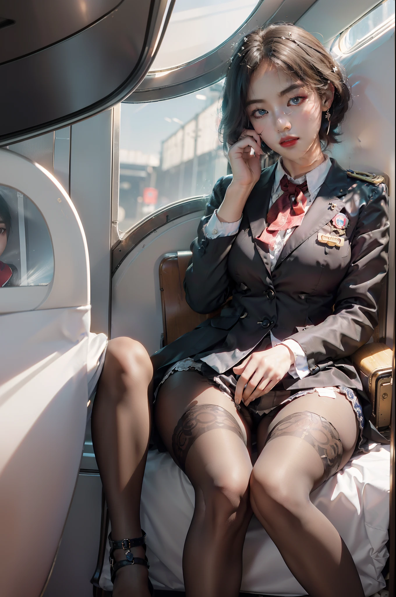 (best quality, masterpiece, intricate details:1.4),
1 girl, solo, (korean mixed, kpop idol:1.2),
pale skin,looking at viewer, facing front, medium breasts, slim, (airplane interior:1.2), stewardess, (stewardess uniform:1.3), ((pantyhose)), high heel, perfect face, red lips, mature female, makeup,