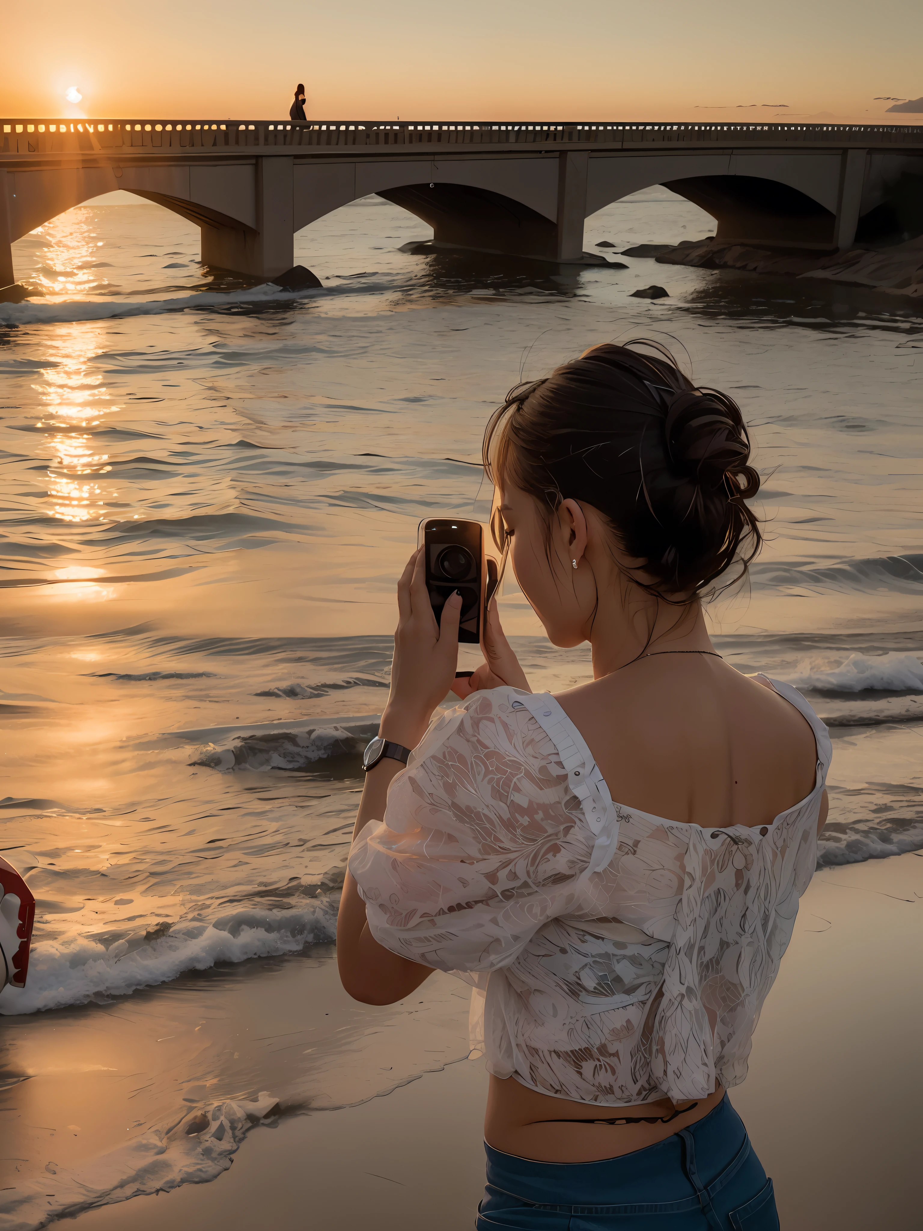 there is a woman taking a picture of a bridge over water, with sunset, with a sunset, taking a picture, photo taken with canon 5d, photography], looking at sunset, sunset photo, taken with sigma 2 0 mm f 1. 4, taken with canon 8 0 d, girl watching sunset, taken with canon eos 5 d mark iv, ((sunset))