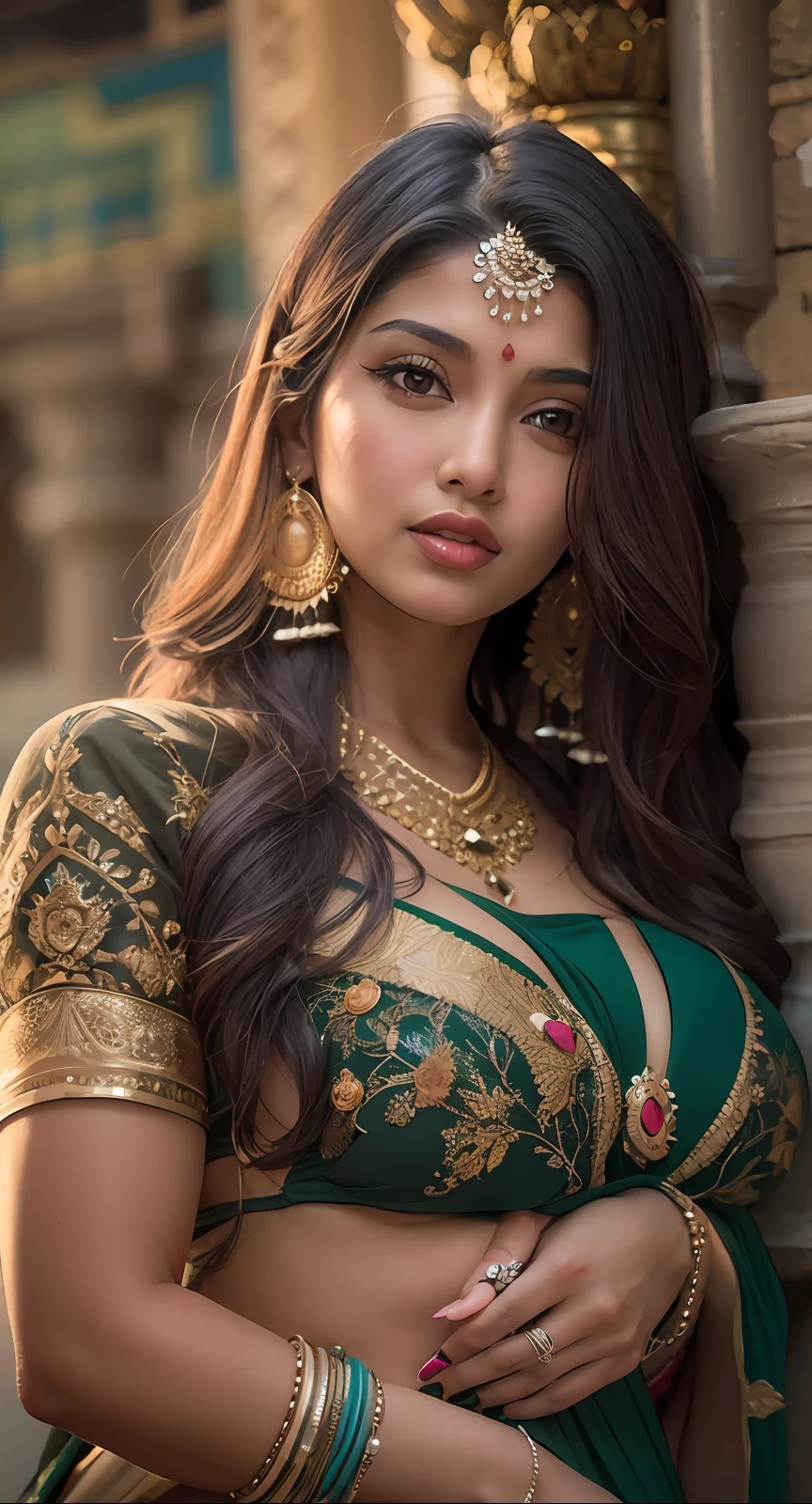 imagine a hot Indian girl in saree in color combination , Indian accessories and long hair ((best quality)), ((masterpiece)), (detailed), perfect face