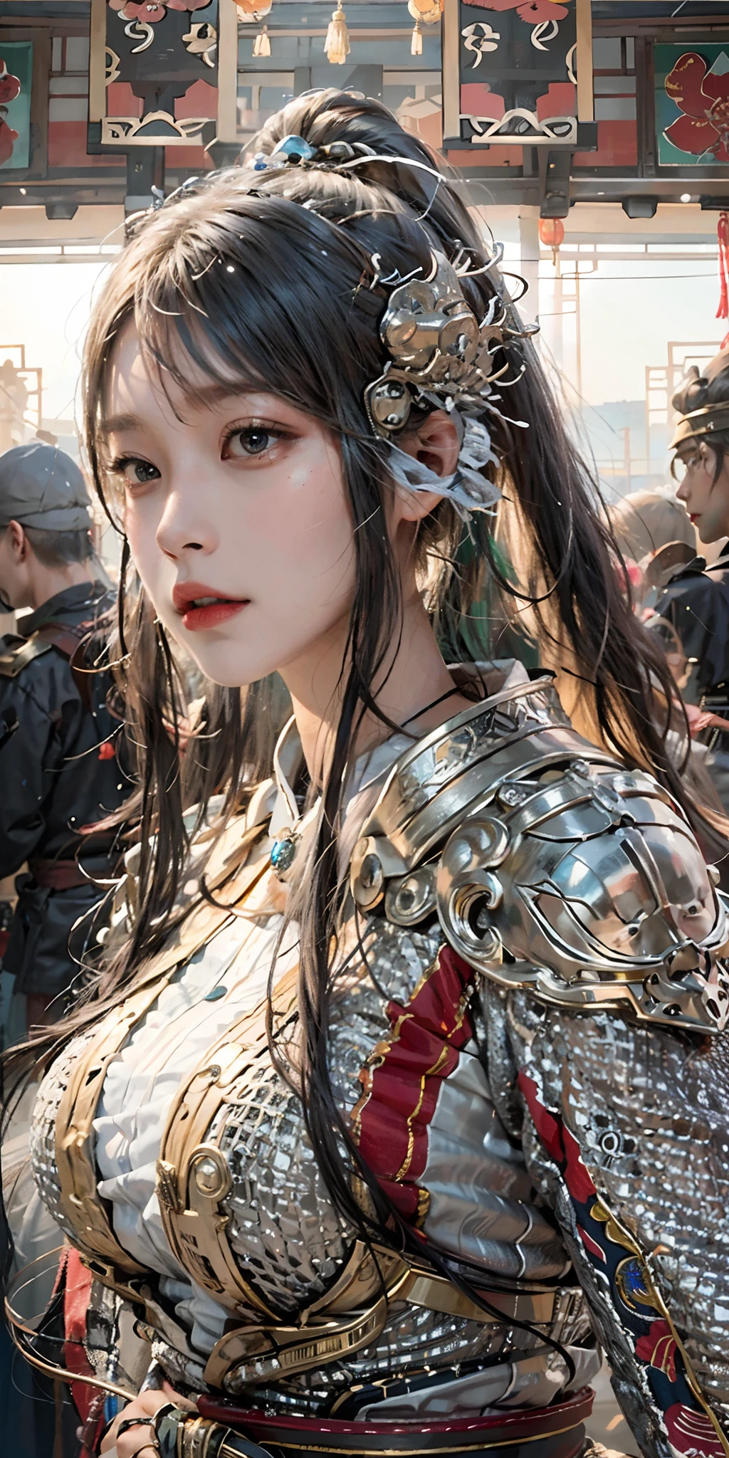 photorealistic, high resolution, soft light,1women, solo, hips up, shining skin, (detailed face), Chinese armor