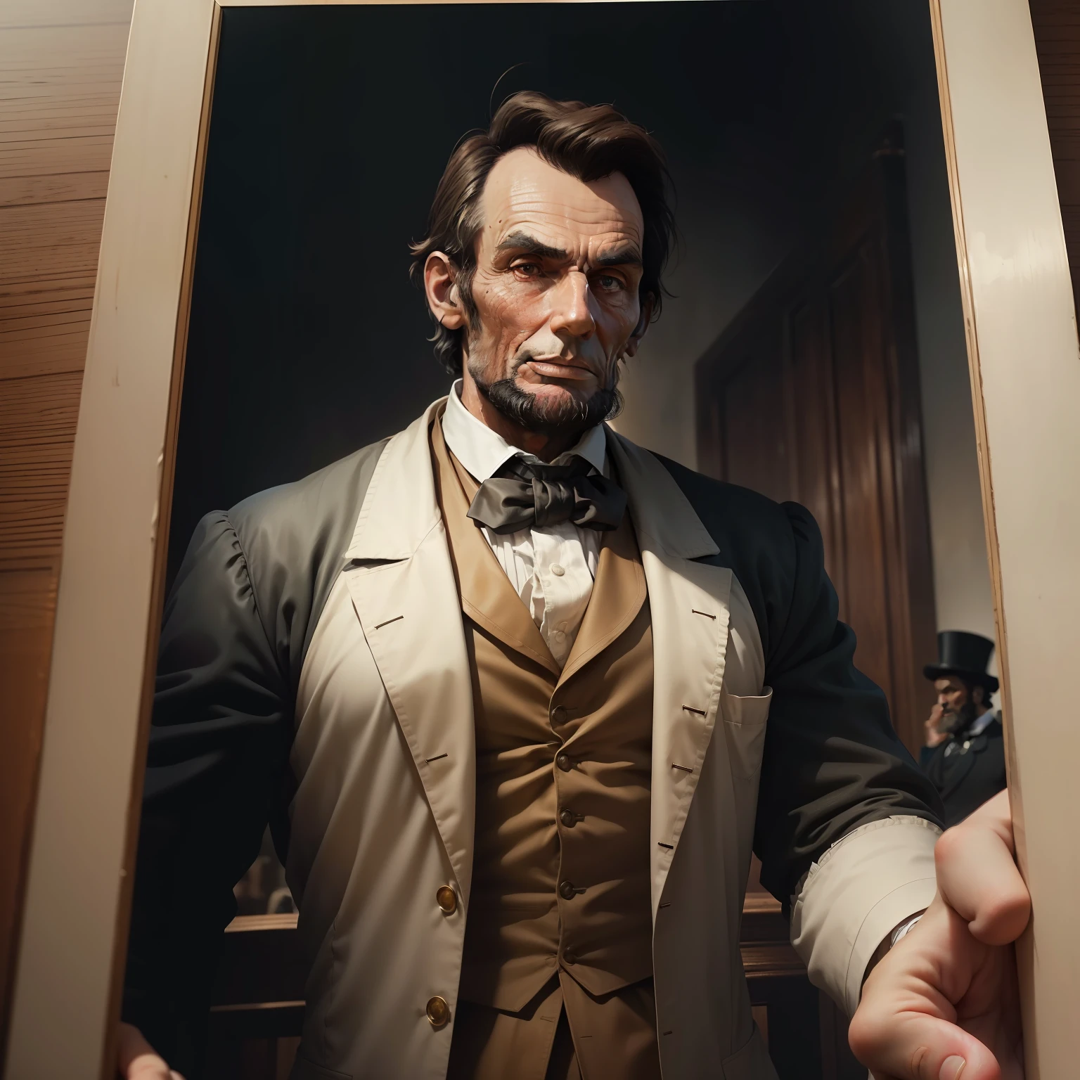 (8k, RAW photo, best quality, masterpiece:1.2), ultra detailed, official art, photo-realistic:1.37, upper body shot, Abraham Lincoln is abolishing slavery through the Emancipation Proclamation., film grain, action pose