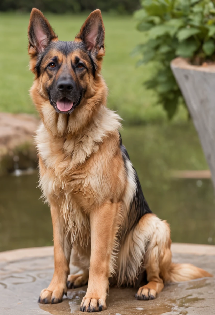 In the image in high resolution and high definition, We can see an adorable wet German shepherd dog after its bath. It is in a bright and spacious environment, onde a luz do sol entra pelas janelas, highlighting the drops of water that still cover your soft coat. The dog is standing on a shiny tiled surface, and their paws are delicately resting on the edges of a fuzzy carpet. Com um olhar animado e orelhas levantadas, The dog swings its body from side to side, in a funny attempt to get rid of the remaining water drops. Some droplets are in the air, capturando o movimento do cachorro no momento exato em que ele abana o corpo. Their happy expression and trembling action perfectly capture the infectious joy and playful spirit of the dogs after a refreshing bath
