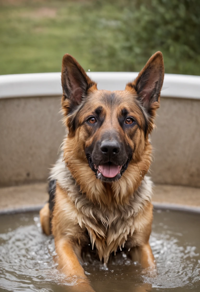 In the image in high resolution and high definition, We can see an adorable wet German shepherd dog after its bath. It is in a bright and spacious environment, onde a luz do sol entra pelas janelas, highlighting the drops of water that still cover your soft coat. The dog is standing on a shiny tiled surface, and their paws are delicately resting on the edges of a fuzzy carpet. Com um olhar animado e orelhas levantadas, The dog swings its body from side to side, in a funny attempt to get rid of the remaining water drops. Some droplets are in the air, capturando o movimento do cachorro no momento exato em que ele abana o corpo. Their happy expression and trembling action perfectly capture the infectious joy and playful spirit of the dogs after a refreshing bath