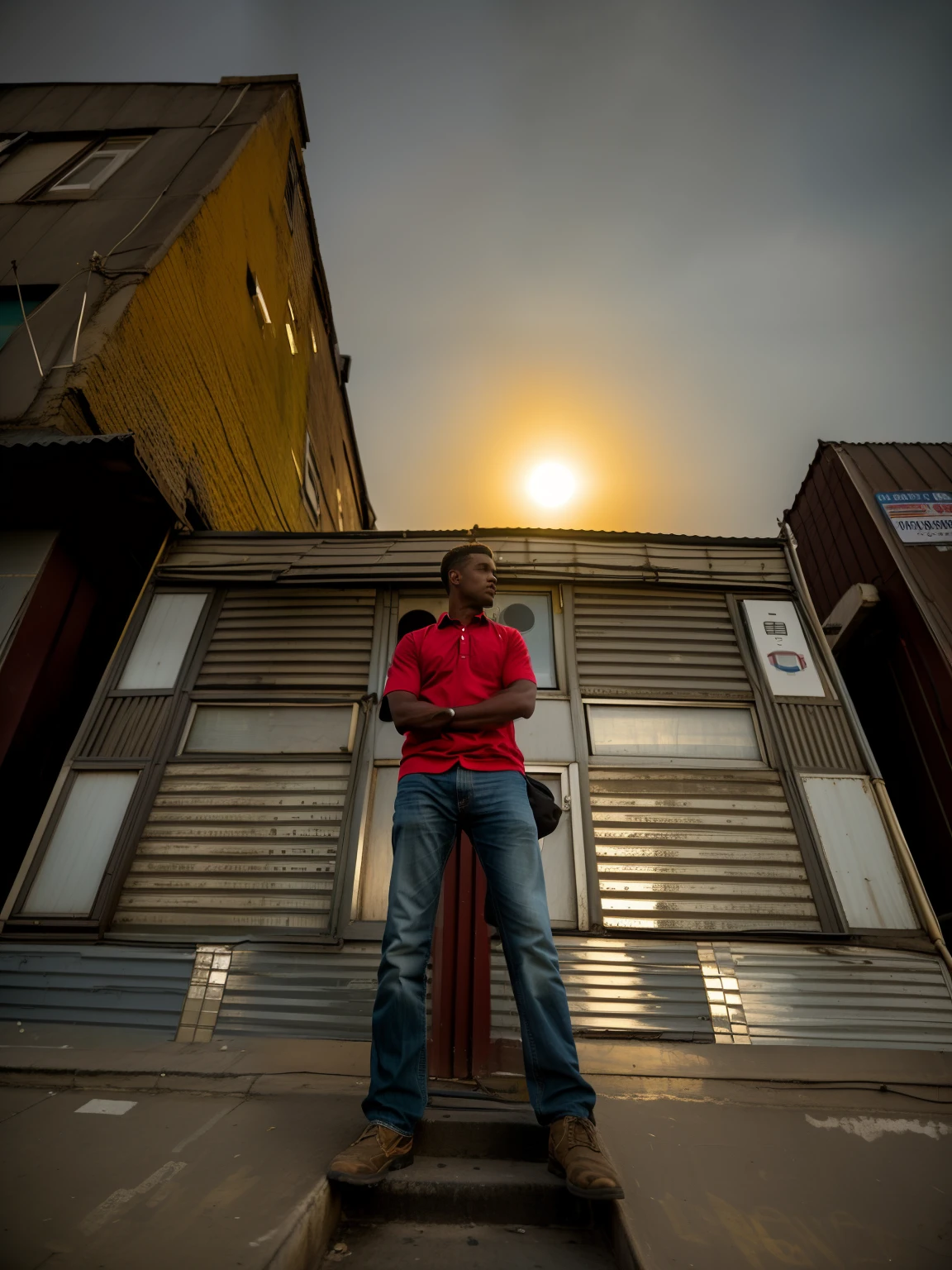 there is a man standing on a step with his arms crossed, cinematic full body shot, standing on rooftop, standing in street, standing in township street, full body photogenic shot, standing in a city center, standing on a rooftop, standing in the street, standing in a township street, standing in a city street, standing on street corner, standing outside a house