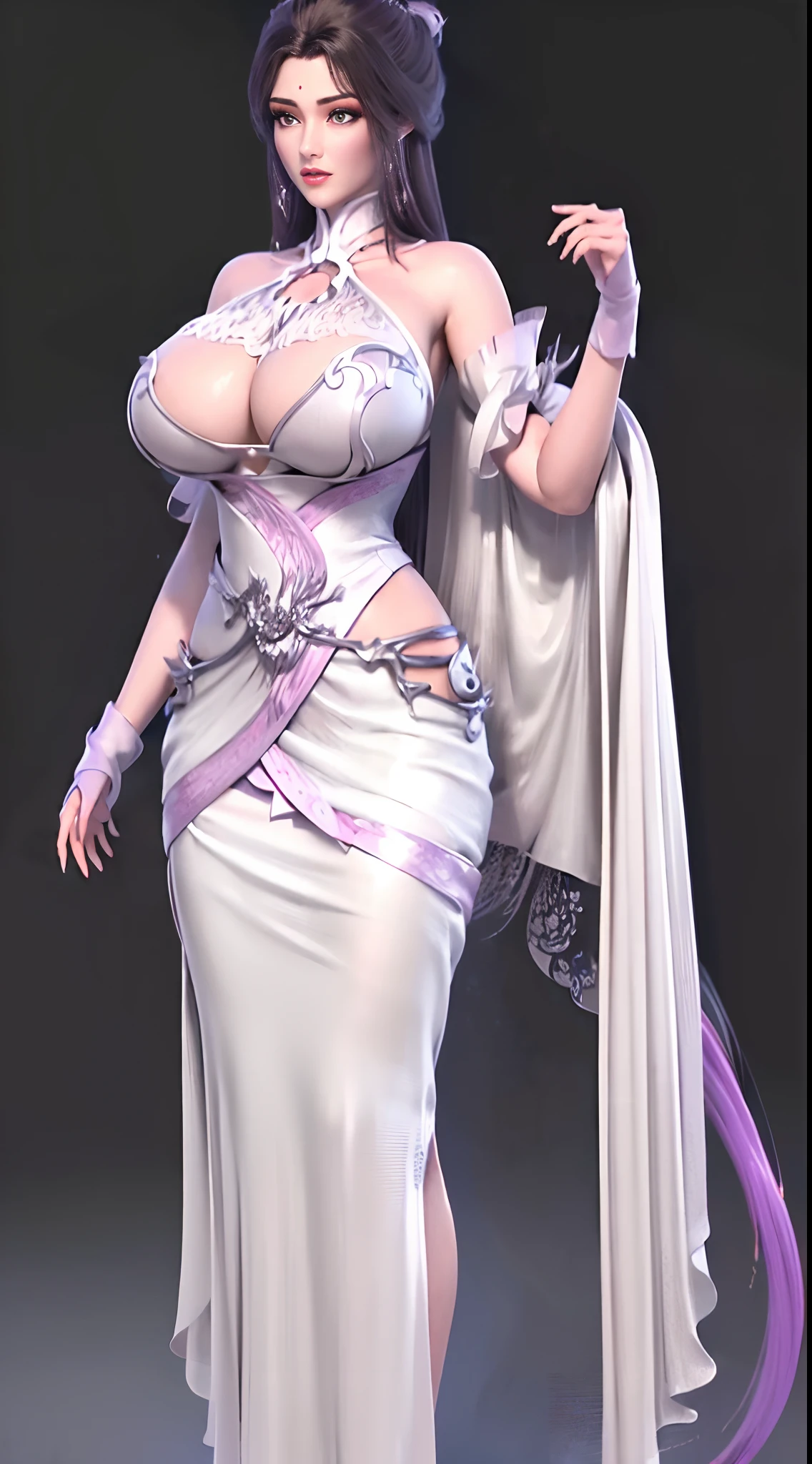 Solo, 1 Beautiful Female, Wuxia World, (1 Girl), (Full Body:1.2), (standing:1.1), (Xiuxian World), (big breasts, round breasts:1.4), (big buttock:1.1), (shiny skin:1.1), Chinese Immortal Wuxia, (Purple Cross-collared Top, Ancient Long Skirt, Embroidered Cape, Streamer), Brunette Hair, Chinese Coiled Bun, Hairpin, Light Pink Lips, Calm, Intellectual, Delicate Face, Masterpiece, Best Quality, High Quality, High Definition, High Quality Texture, High Quality Shadows, High Detail, Cinematic Light, Side Lighting, Ray Tracing, Sharp Focus, Realistic, Edge Light, Two-tone Light, (Detailed Skin Details: 1.2), 8k uhd, SLR, soft light, high quality, high resolution, (very detailed CG unity 8k wallpaper)