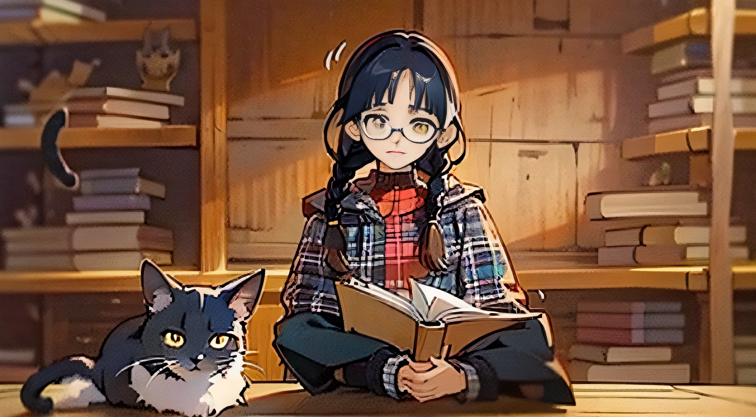 1 girl with black hair, braided hair on both sides, wearing glasses, wearing a horizontal plaid shirt, wearing a dark brown jacket over it, wearing a pair of black pants for easy exercise, a calm face sitting Writing a book on a wooden table, there is a mole under the right eye, next to the girl is a black cat with big yellow eyes staring at the girl's papers.