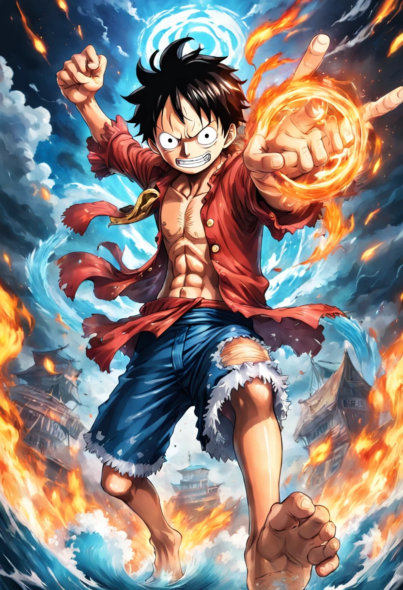 Create an exciting poster with Luffy from "one piece" em um ataque de raiva, cabelo branco, gear 5. Capture the essence of his fiery determination and unyielding spirit as he unleashes his wrath on his enemies. Mantenha-o curto, ousado, e intenso para transmitir o poder bruto da raiva de Luffy.