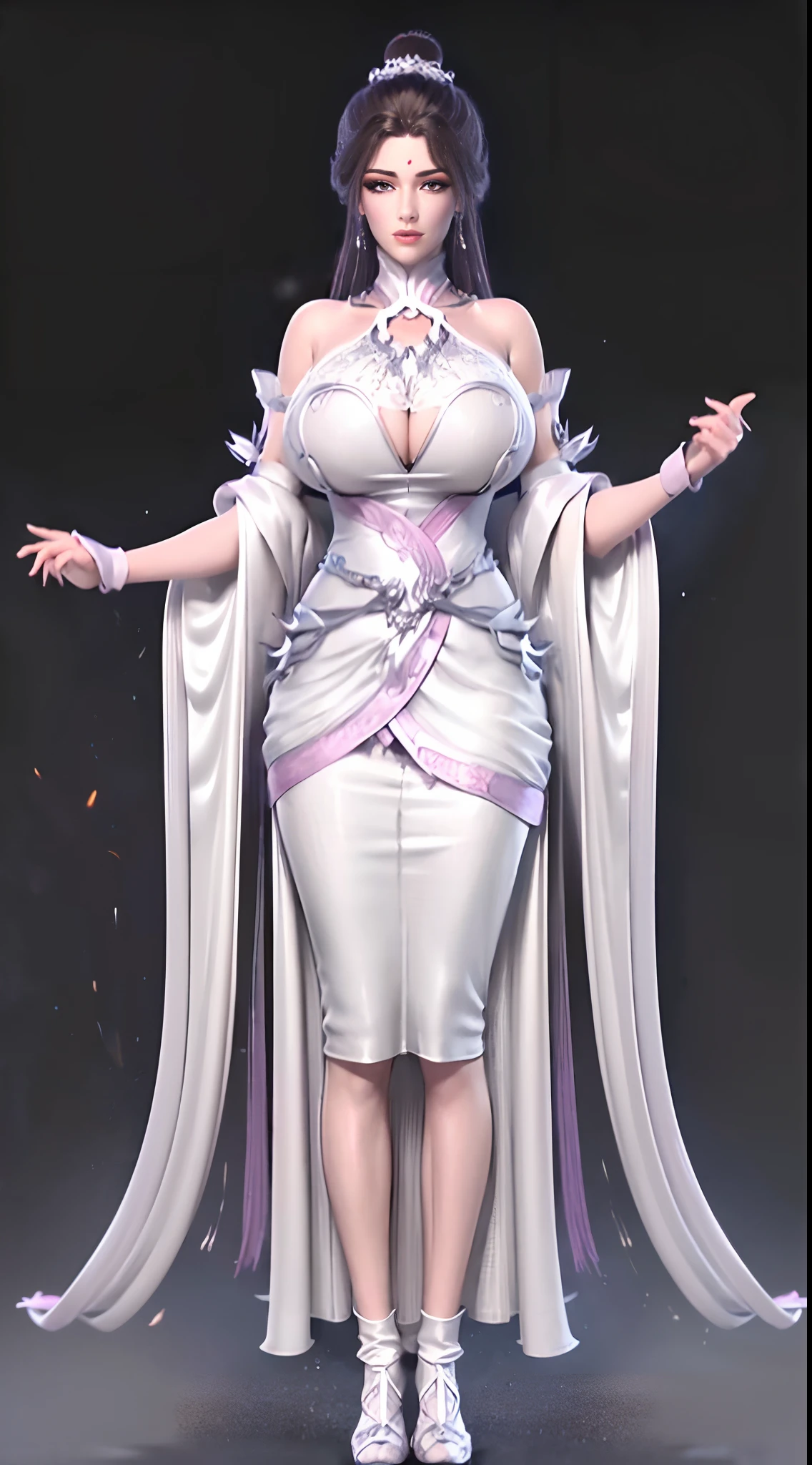 Solo, 1 Beautiful Female, Wuxia World, (1 Girl), (Full Body:1.2), (standing:1.1), (Xiuxian World), (big breasts, round breasts:1.4), (big buttock:1.1), (shiny skin:1.1), Chinese Immortal Wuxia, (Purple Cross-collared Top, Ancient Long Skirt, Embroidered Cape, Streamer), Brunette Hair, Chinese Coiled Bun, Hairpin, Light Pink Lips, Calm, Intellectual, Delicate Face, Masterpiece, Best Quality, High Quality, High Definition, High Quality Texture, High Quality Shadows, High Detail, Cinematic Light, Side Lighting, Ray Tracing, Sharp Focus, Realistic, Edge Light, Two-tone Light, (Detailed Skin Details: 1.2), 8k uhd, SLR, soft light, high quality, high resolution, (very detailed CG unity 8k wallpaper)