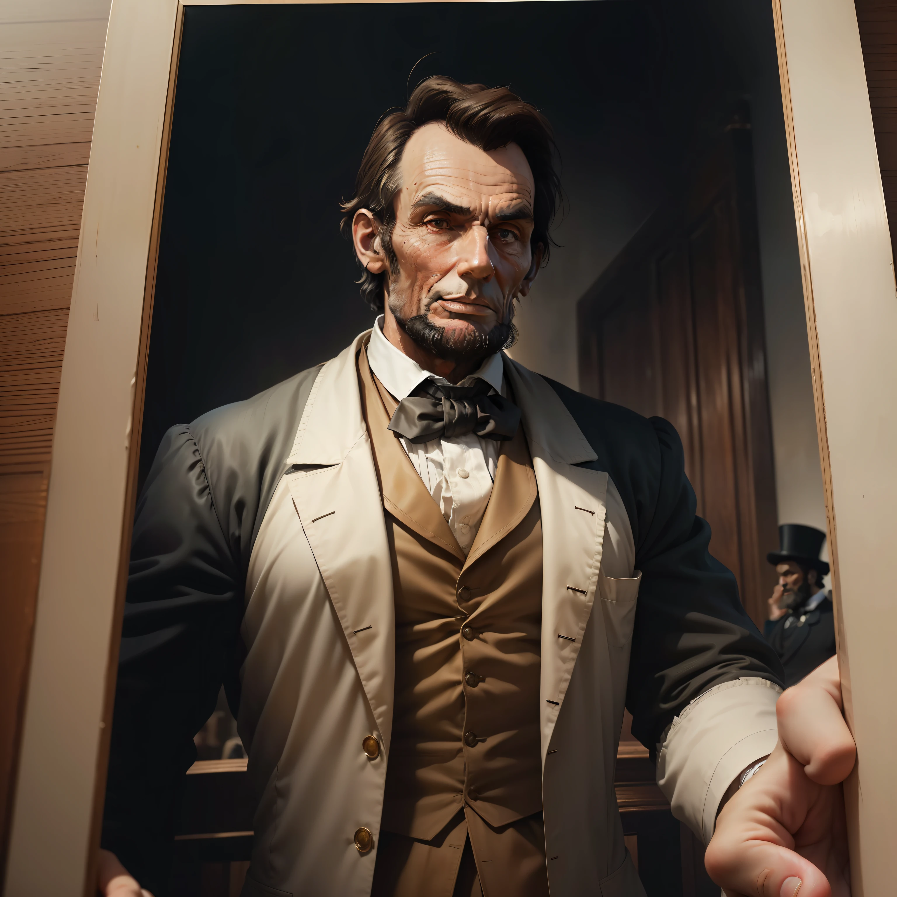 (8k, RAW photo, best quality, masterpiece:1.2), ultra detailed, official art, photo-realistic:1.37, upper body shot, Abraham Lincoln is abolishing slavery through the Emancipation Proclamation., film grain, action pose