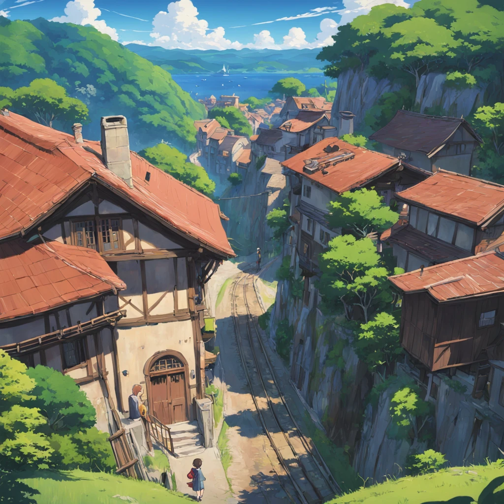 rural village, with locomotive passing by, studio ghibli scenery, perfect, best quality, best art, girl with short brown hair (high detailed:1.4) 8K
