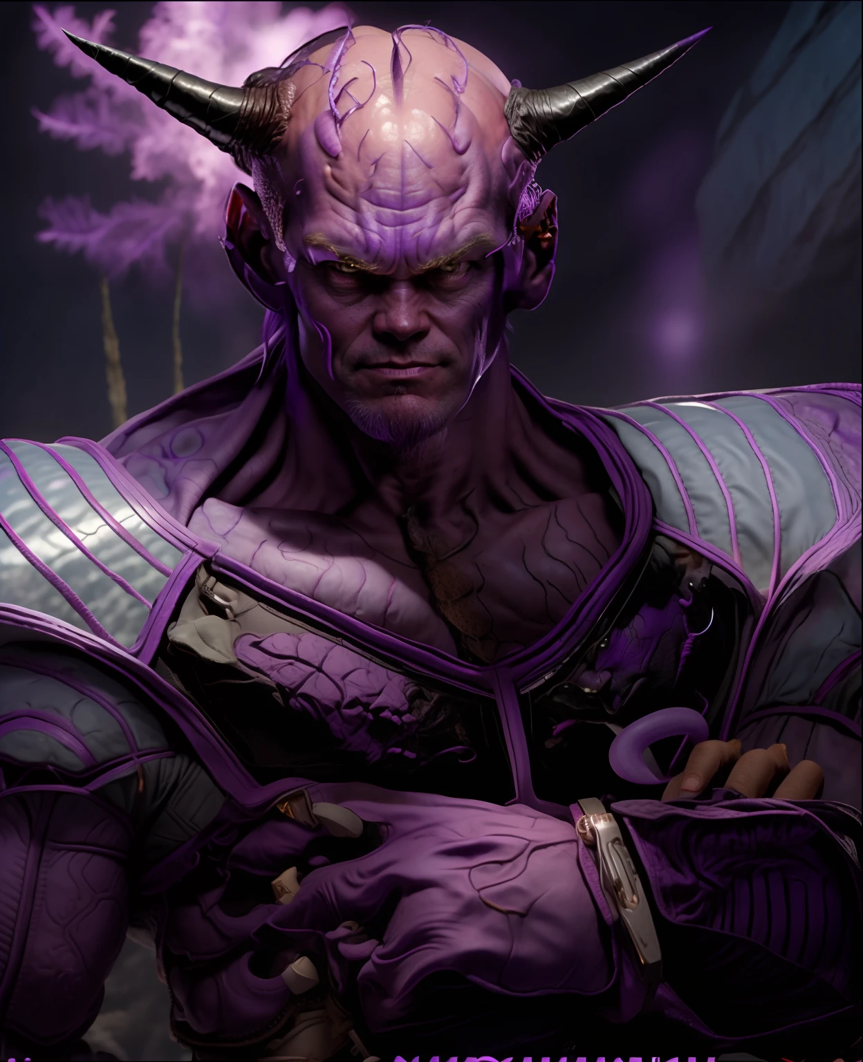 Jim Carrey cast as a purple bald alien with purple skin and big black horns, big bald veiny brain, sayan armor