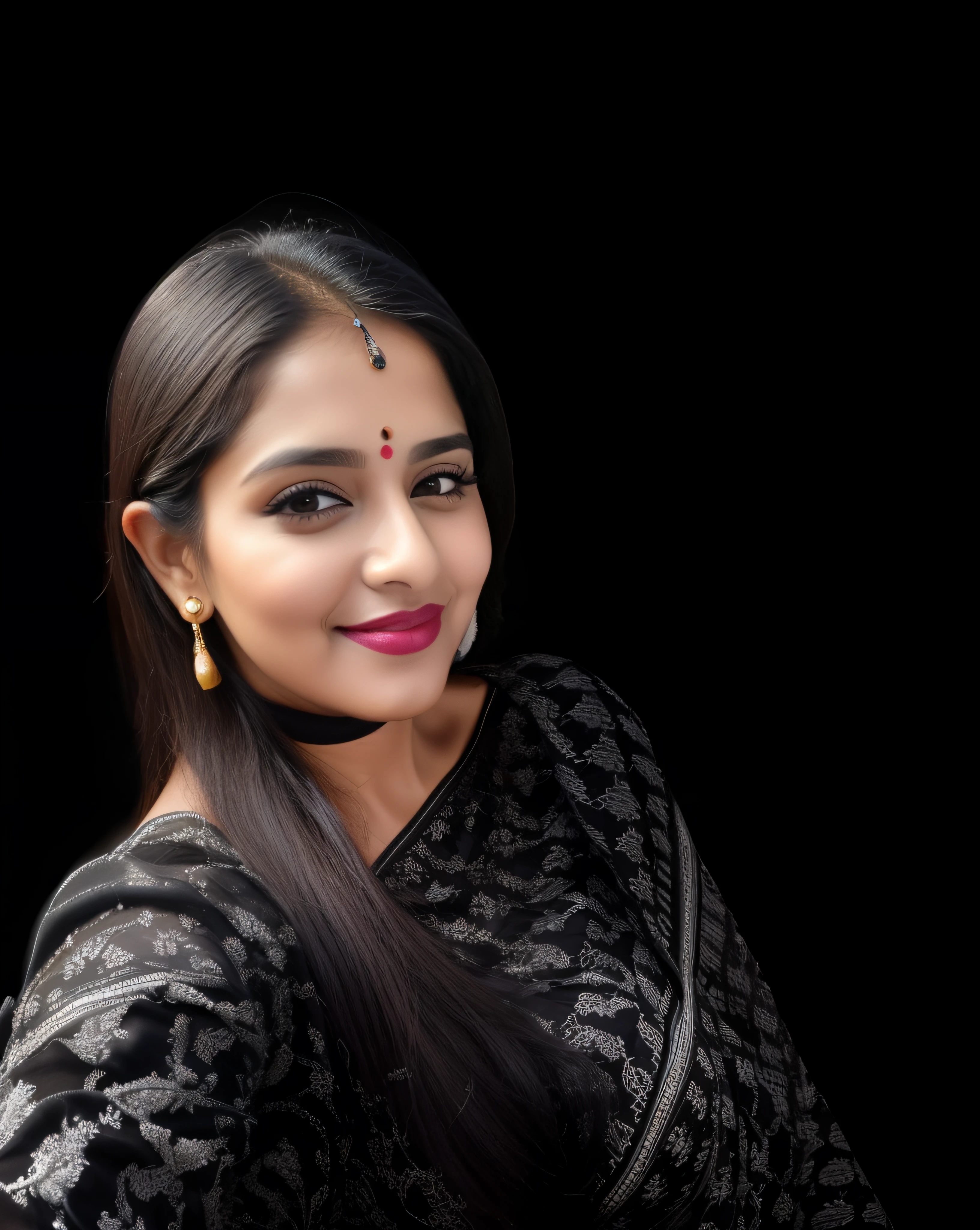 RAW photo, face portrait photo of beautiful 26 y.o woman, cute face, wearing black white sari, happy face, hard shadows, cinematic shot, dramatic lightin, big boobs, long hair, dramatic background, dark pink lips, sexy figure , multi color background