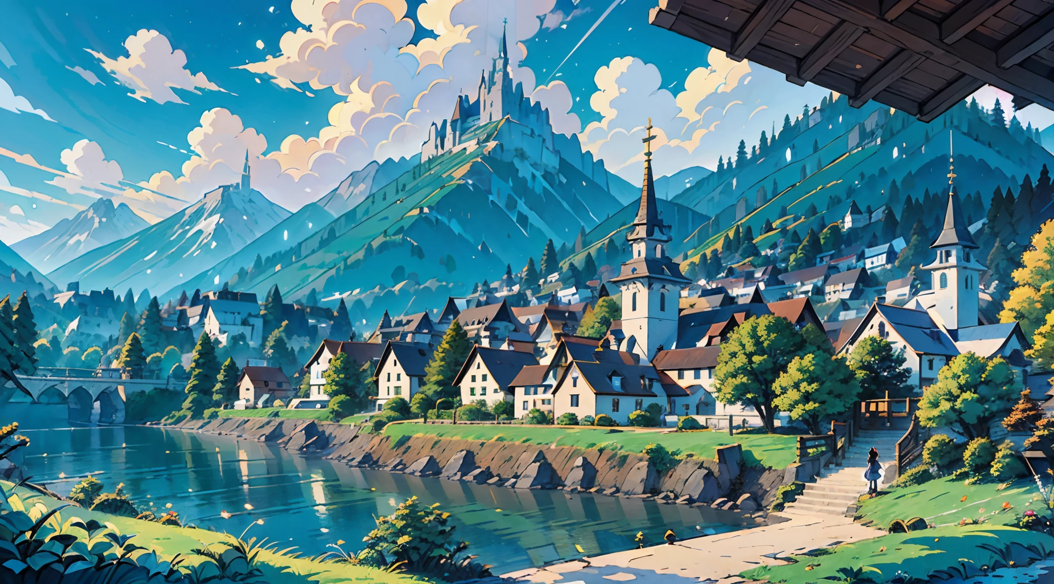 (absurderes, hight resolution, ultra-detailliert, nffsw), masutepiece, Best Quality, Mana Town Legends, Manadun Console, Portrait of the place, Nostalgic places, Town of Lumina, detailed scenic view, In the legend of Mana Town, optic, Local metropolis, Scenery, professional photograpy, Detailed map of roadside town, Detailed background、Thun wind、Disney Animated Homage、a person、People on the street々、street vendors、carriage、Joint carriage、Church on the top of the middle mountain、An old church that is no longer in use