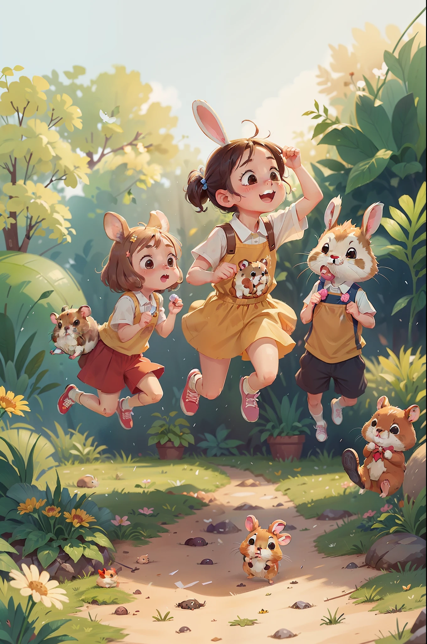 Every weekend,Both bunny and hamsters will do some fun activities in the garden。Sometimes they run competitions,See who can jump higher,Run faster。Sometimes they sing and dance together,Have a great time。