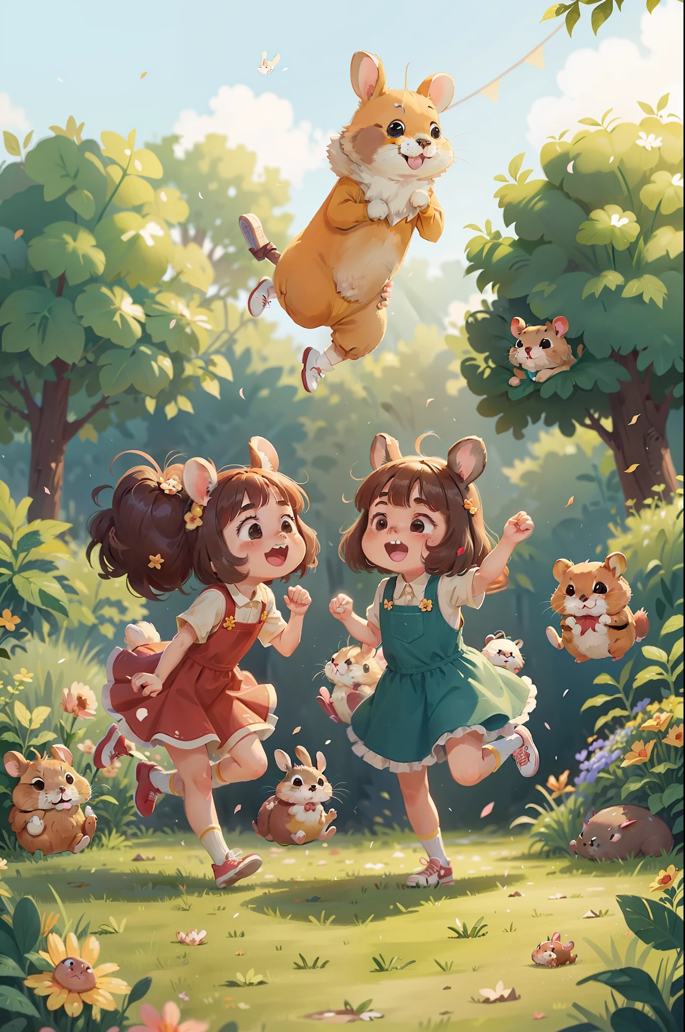 Every weekend,Both bunny and hamsters will do some fun activities in the garden。Sometimes they run competitions,See who can jump higher,Run faster。Sometimes they sing and dance together,Have a great time。