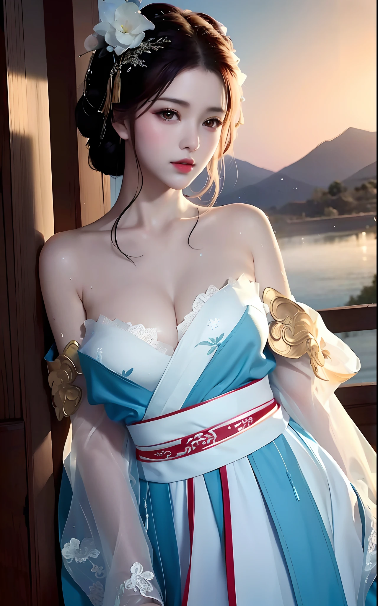arafed asian woman in a blue and white dress posing for a picture, Palace , A girl in Hanfu, a beautiful fantasy empress, Japanese goddess, beautiful and seductive anime woman, Anime girl cosplay, Anime goddess, beautiful age girl, Beautiful goddess, gorgeous chinese models, ((a beautiful fantasy empress)), seductive anime girls, beautiful fantasy maiden, elegant glamourous cosplay
