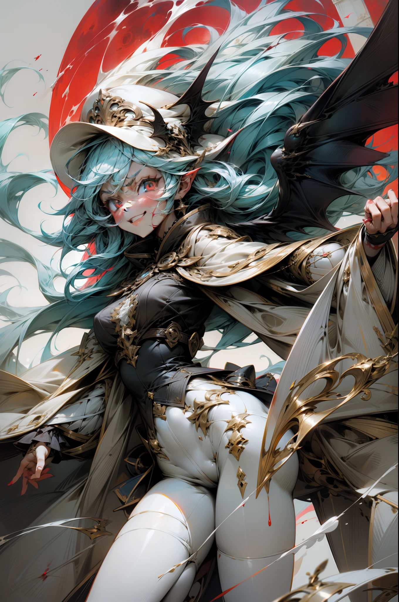 (),((Crazy and angry smile)), (slit pupils), (((masterpiece))), ((best quality)), (super delicate), (illustration), (floating hair), bat, red moon,(slim legs), {(big white cloth hat)}, (1 girl), ( bat wings), (light blue hair), red eyes,large breast, long red hair, castle, beautiful and delicate eyes, (small chest), (Black and white tight lace skirt), blood ,