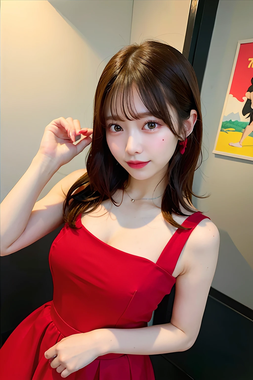 ACE、4k、hight resolution、​masterpiece、top-quality、headw: 1.3、(Korean K-pop idol)、Delicate skin、foco nítido、(Cinema Lighting)、鎖骨、morning、softlight、dynamic ungle、[:(A detailed face) :1.2):0.2]、Wrinkles on the sides、Thigh Gaps、RED dress、Slimed、mid-chest、valley、full bodyesbian、Painting on the wall