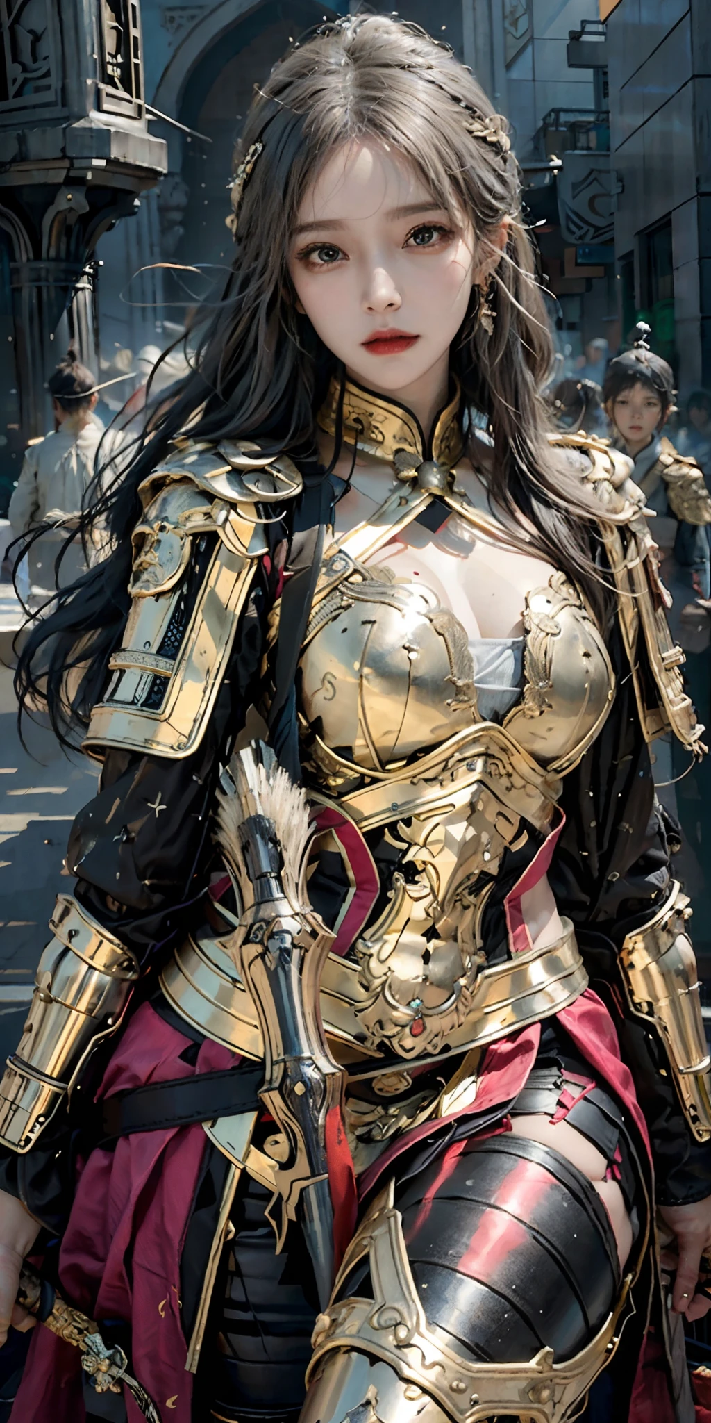 photorealistic, high resolution, soft light,1women, solo, hips up, shining skin, (detailed face), Chinese armor