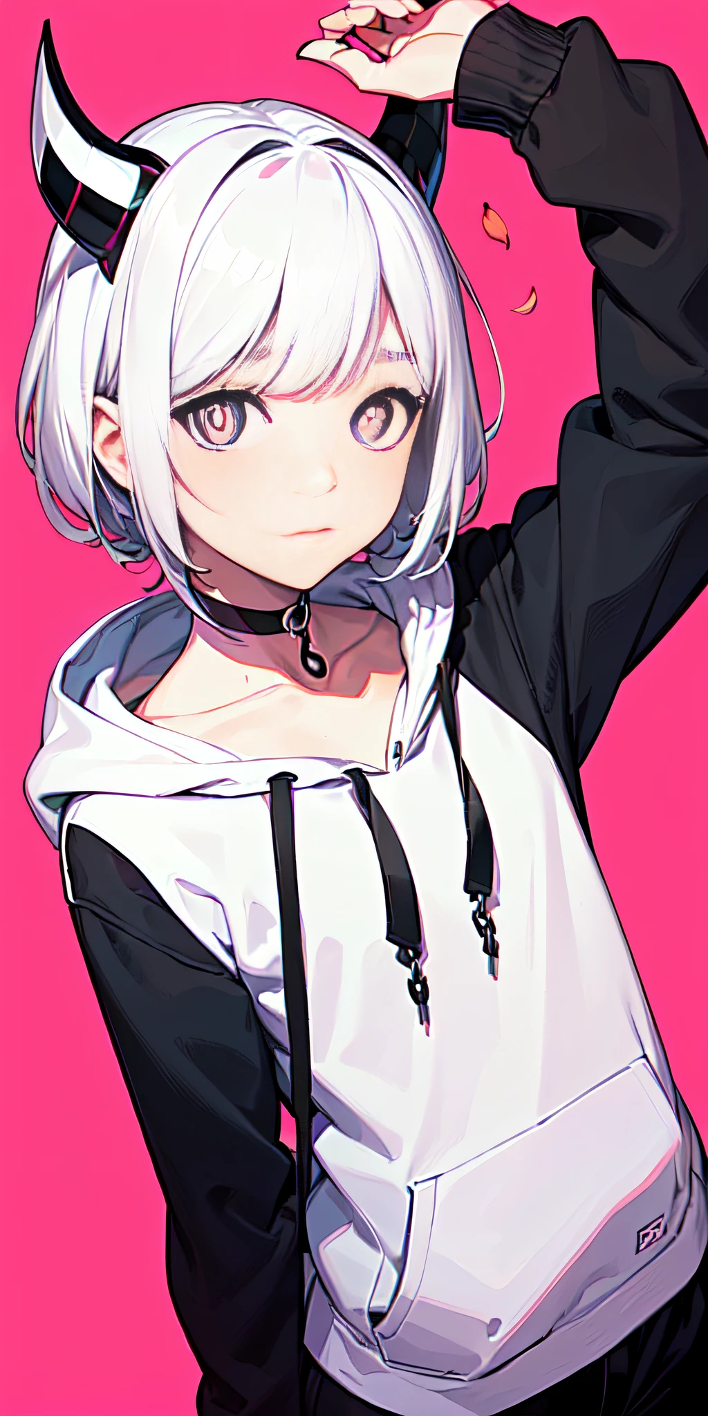 ((Yosk6000 Art, Flat Color, Petal Color, Low Contrast, 1Girl, Solo, White Hair, Pink Pupils, Fake Horns, Upper Body, Hoodie, Choker))