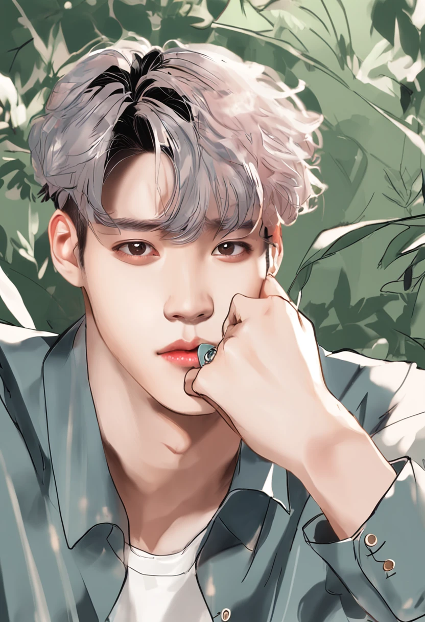 Produce an illustration by Kim Mingyu, membro do grupo Seventeen. He is known for his captivating appearance and unique style. Draw it in a moment of relaxation and confidence, capturando sua personalidade vibrante. Ele tem cabelos castanhos e volumosos, levemente penteado para o lado, highlighting your forehead. His expressive eyes have a cheerful glow, com sobrancelhas levemente arqueadas que adicionam um toque de curiosidade.
Dress it up with a contemporary fashion set that reflects your modern and elegant style. Your clothes should show a balance between the casual and the sophisticated, ressaltando sua postura graciosa. Don't forget to highlight his impressive height and confident posture.
Be sure to convey Kim Mingyu's charismatic energy through his radiant smile and optimistic look. Put him in a setting that complements his personality, whether in a stylized urban setting or in a setting that represents your connection to music and performance. Feel free to add artistic details that emphasize your unique aura as a Seventeen idol.