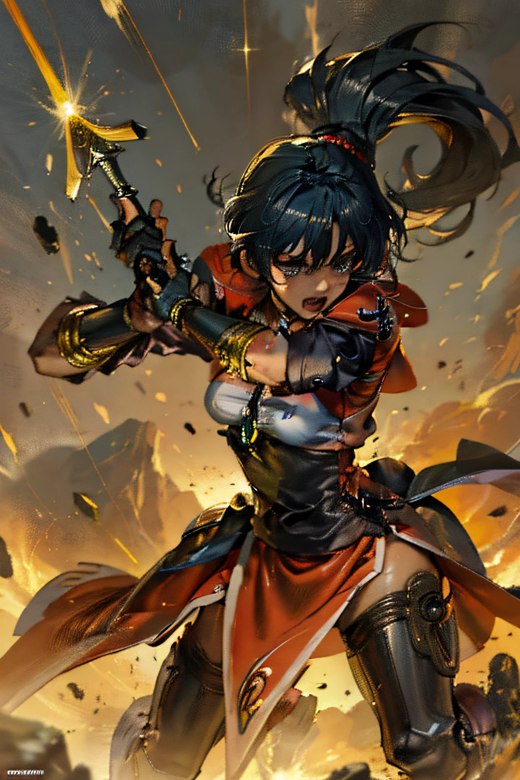 personagem de anime com espada e armadura em uma cena de batalha, cushart krenz arte chave feminina, badass anime 8 k, Artgerm extremamente detalhado, por Yang J, 2. 5 d cgi anime fantasia arte |, Keqing por Impacto Genshin, female action anime girl, Zhongli, Impacto Genshin, Artgerm e Atey Ghailan