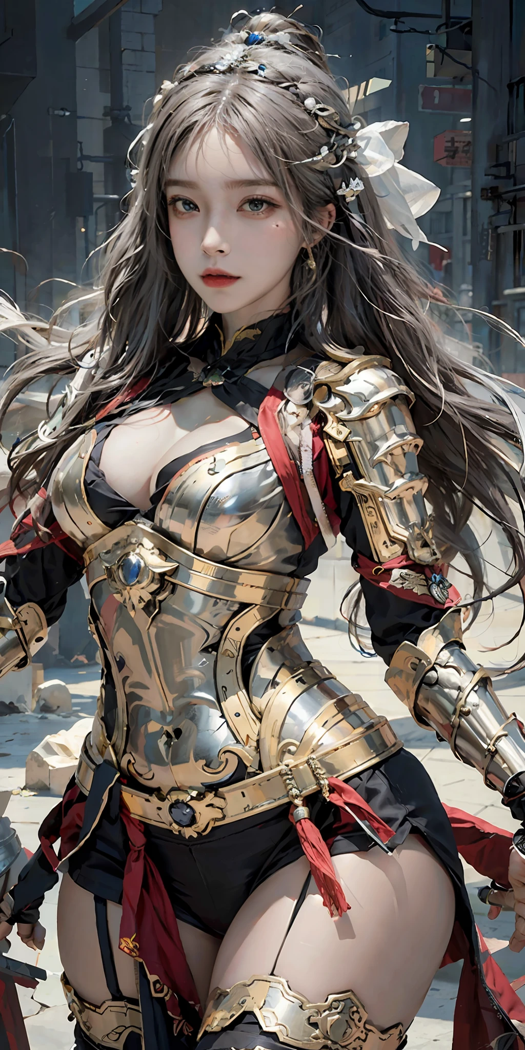 photorealistic, high resolution, soft light,1women, solo, hips up, shining skin, (detailed face), Chinese armor