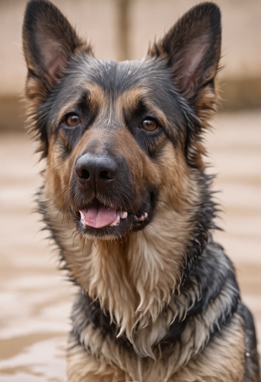 In the image in high resolution and high definition, We can see an adorable wet German shepherd dog after its bath. It is in a bright and spacious environment, onde a luz do sol entra pelas janelas, highlighting the drops of water that still cover your soft coat. The dog is standing on a shiny tiled surface, and their paws are delicately resting on the edges of a fuzzy carpet. Com um olhar animado e orelhas levantadas, The dog swings its body from side to side, in a funny attempt to get rid of the remaining water drops. Some droplets are in the air, capturando o movimento do cachorro no momento exato em que ele abana o corpo. Their happy expression and trembling action perfectly capture the infectious joy and playful spirit of the dogs after a refreshing bath