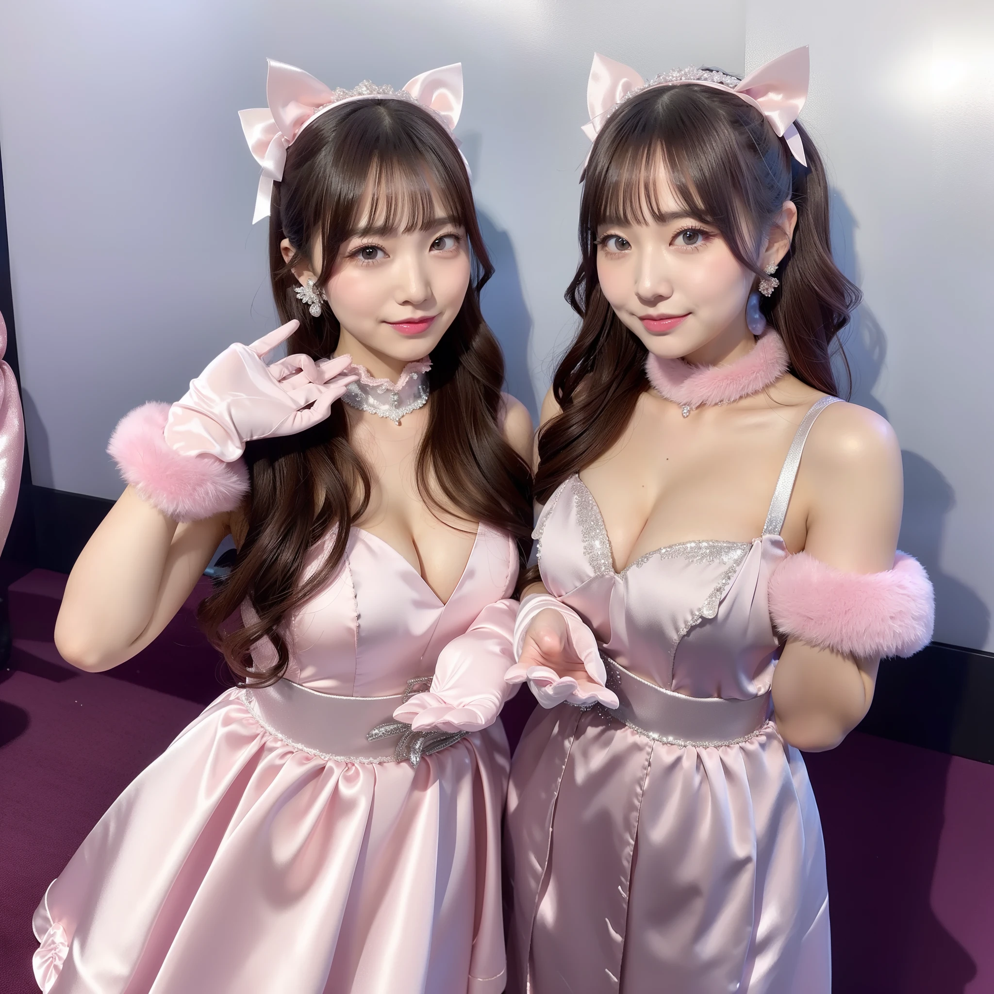 There is a woman wearing a pink satin dress and silver shiny gloves, Twin-tailed、Large ribbon、Busty Idol