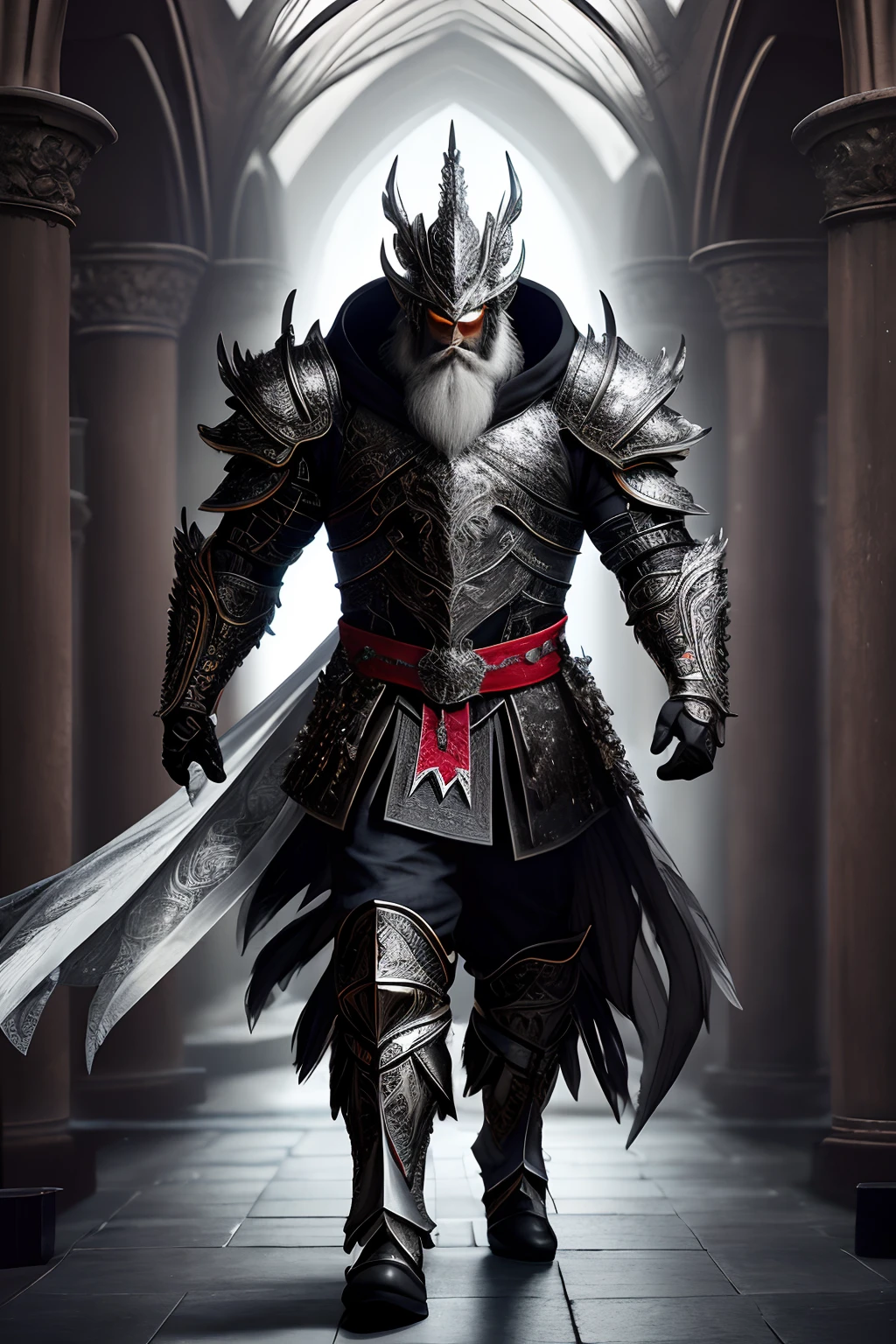extremely detailed 8k wallpaper), intricate, highly detailed, dramatic, The Dragon Lord wears highly detailed black steel shoulder pads that look like dragon heads and are adorned with shimmering silver trimmings and ornaments, an overlying gray cloak with an extremely beautifully detailed large hood that goes deep drawn into the young bearded face, extremely detailed gray feathered wings with translucent velvety red membranes, insanely realistic graphics, insanely detailed details, ultra realistic and highly detailed heavy black steel armor with lustrous silver glitter detailing on a silver gray tunic, extremely detailed heavy black armor Steel gloves, steel boots with reinforced shiny silver decorations, in a vaulted hall during the leisurely stroll through the somber cathedral on a red velvet carpet, (shown perspective from above) during the passage of a sombre, multi-windowed vaulted passageway through the gleaming light falls,