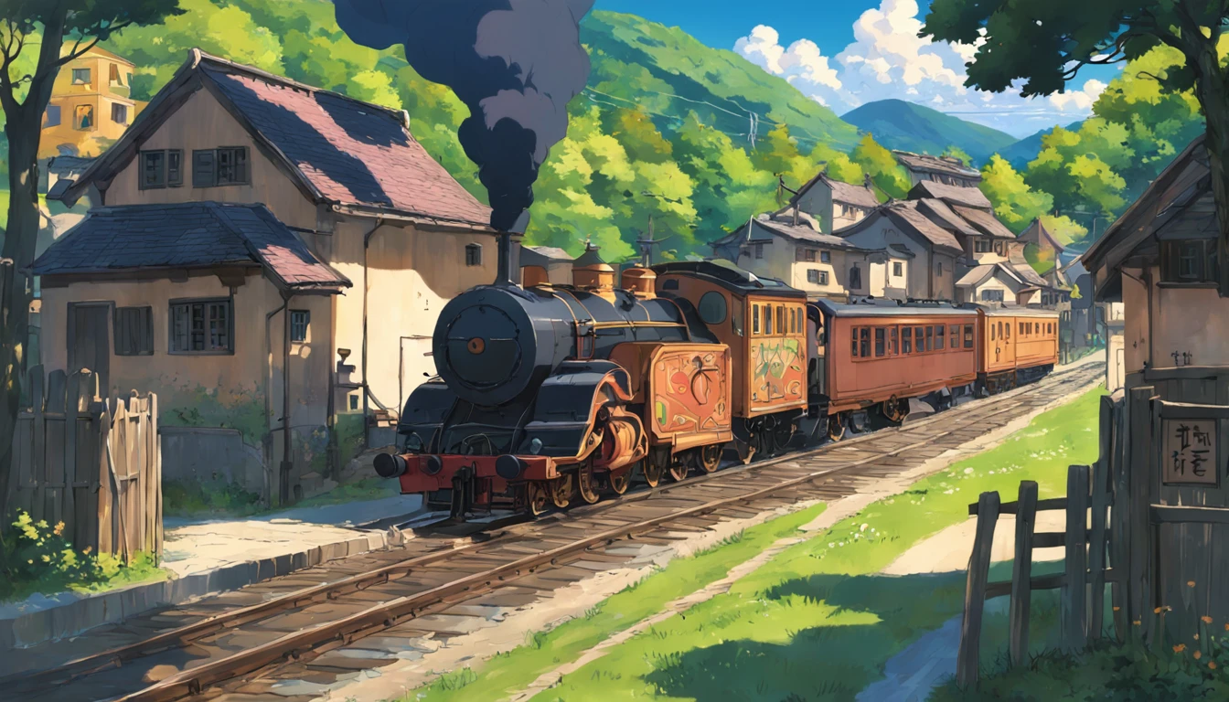 rural village, with locomotive passing by, studio ghibli scenery, perfect, best quality, best art, girl with short brown hair (high detailed:1.4) 8K