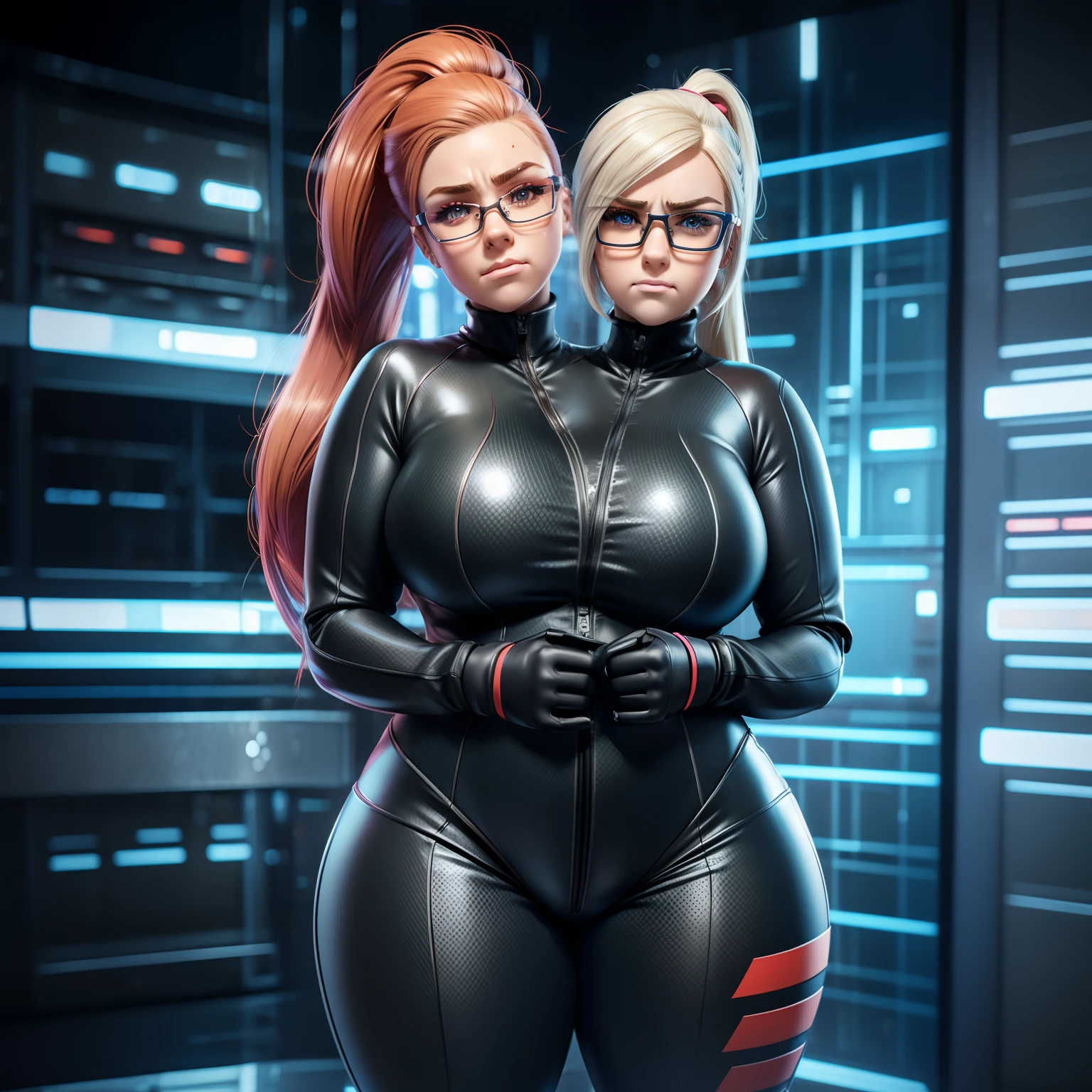 (2heads),A 2D casual game character,brunette,  the geek girl character, conjoined,platinum blonde,redhead,ponytail, chubby,curvy,cute, sad, angry, happy, excited, anxious,  instagram model, busty, wearing glasses pale skin,, a gorgeous brunette ,cute freckles, straight hair, massive breasts, thick, chubby, fat stomach, visible curves, pale skin, (long brown hair), happy, laughing, ultra detailed, stylized, skintight suit,high quality digital art,full body, (2heads),full body shot of (woman Lying on stomach with head propped up on hands, legs spread), erection,(detailed realistic face), blonde, ,, sitting at a desk, neon green