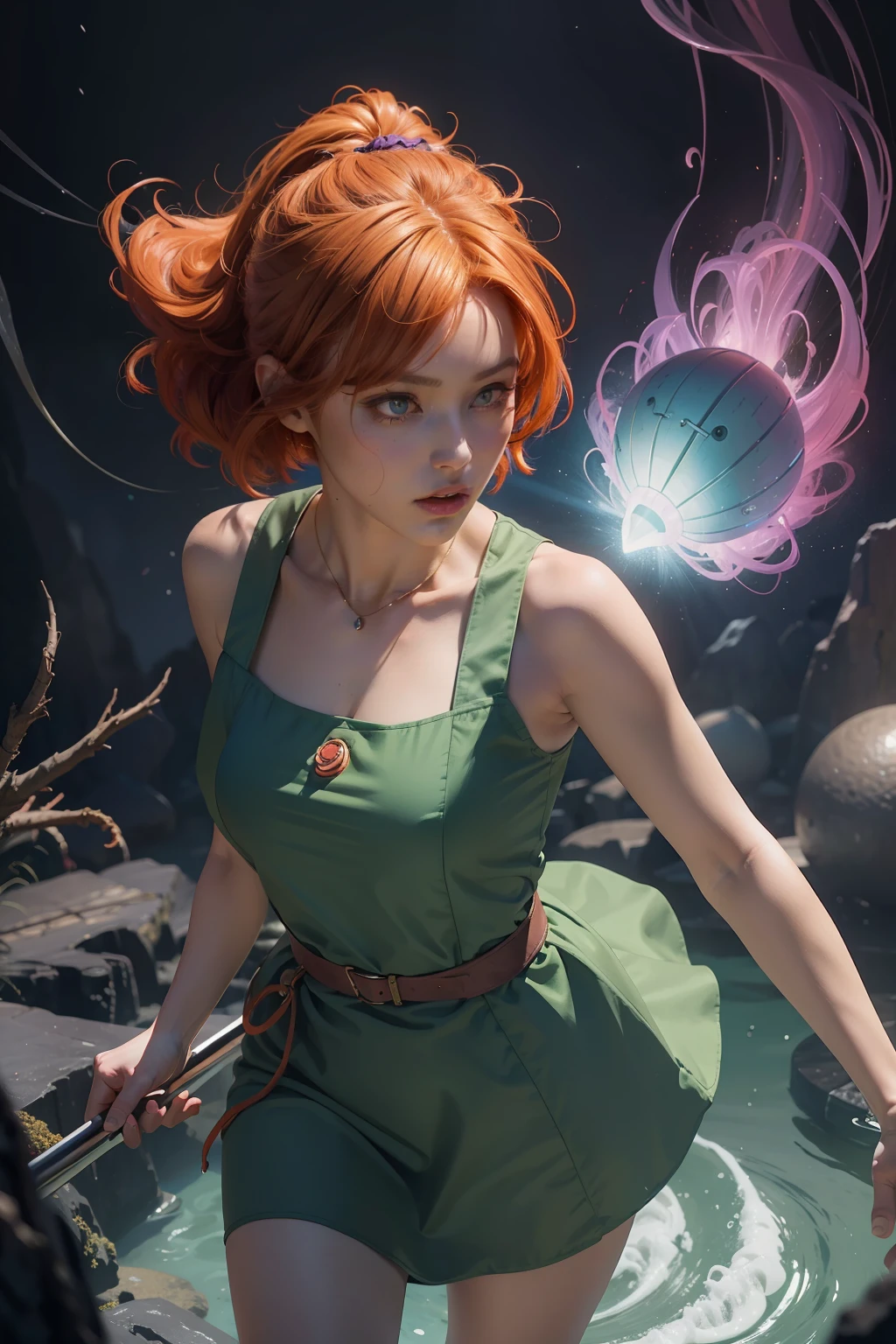 concept art, overhead angle of a Will-o'-the-wisp, wearing Funny Somali Emerald deep orange Pinafore, Caramel hair styled as Short hair, fluorescent purple Hair tie, equirectangular 360, Highres,  [(art by Willi Baumeister:1.1), (art by John T. Biggers:1.2)::17], official art, unity 8k wallpaper, ultra detailed, aesthetic, masterpiece, best quality, photorealistic