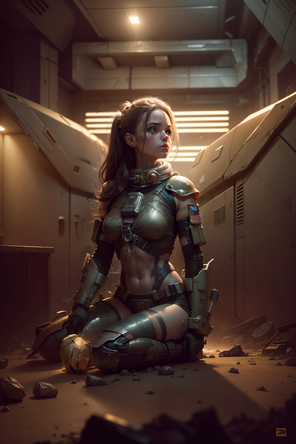 space girl after the battle, cocky, ready to move, dirty grimy, overhead glow lighting, side light, 24k resolution tight barbarian woman in space clothes, camouflage, hyperdetailed, abandoned room background setting on battlefield mars.