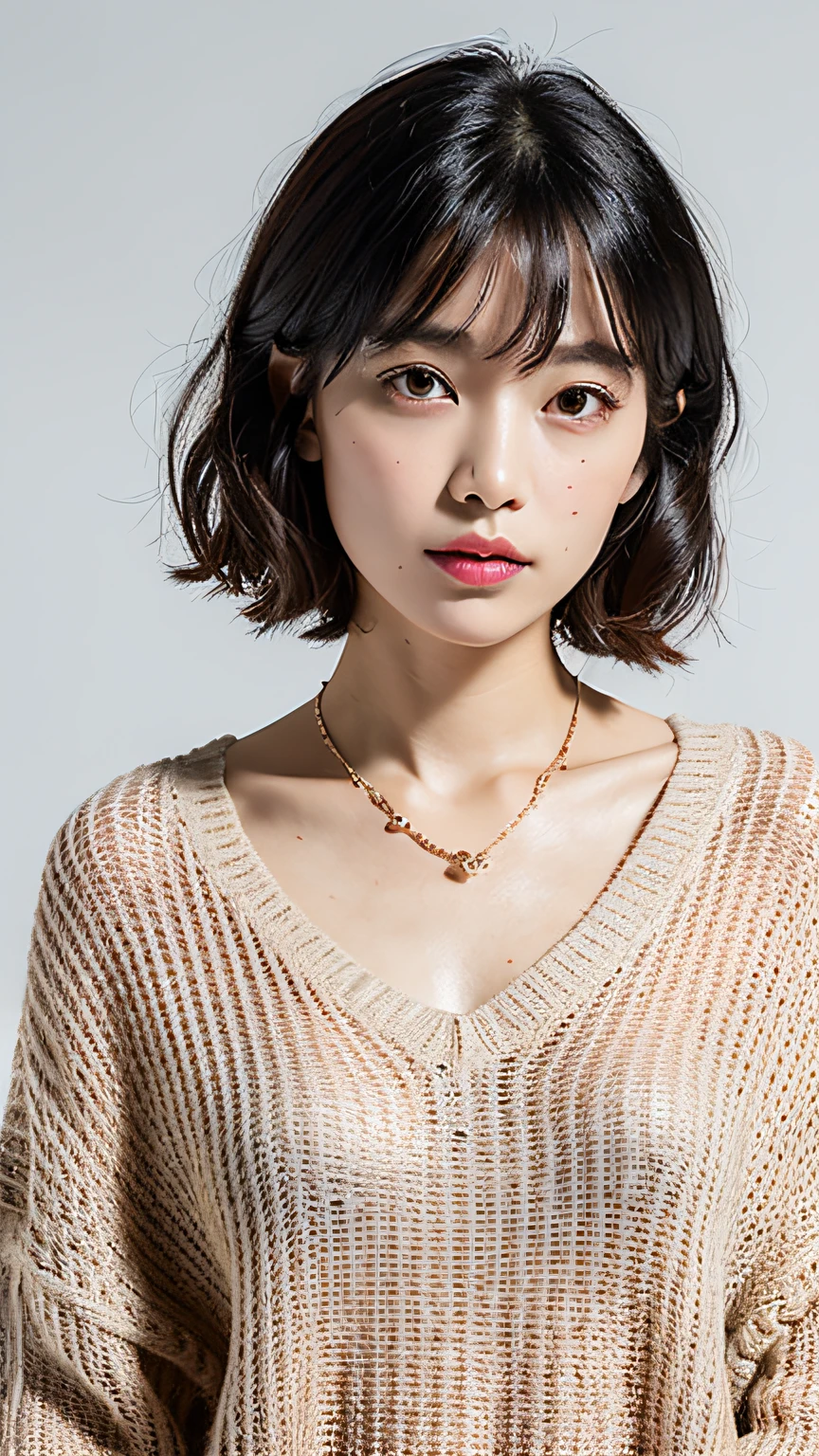 (Best quality, 8k, 32k, Masterpiece, UHD:1.2),Photo of Pretty Japanese woman, large breasts, very short bob hair,upper body,face focus,oversized_sweater, necklace, simple background, from above, looking at viewer,