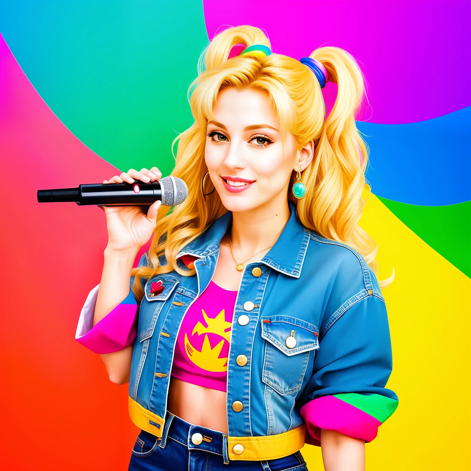 "(Mature and realistic portrayal:1.2) Sailor Moon exuding confidence as she holds a microphone, her blonde hair cascading down, adorned in stylish rainbow denim clothes from the 2000s, with a backdrop filled with donuts."