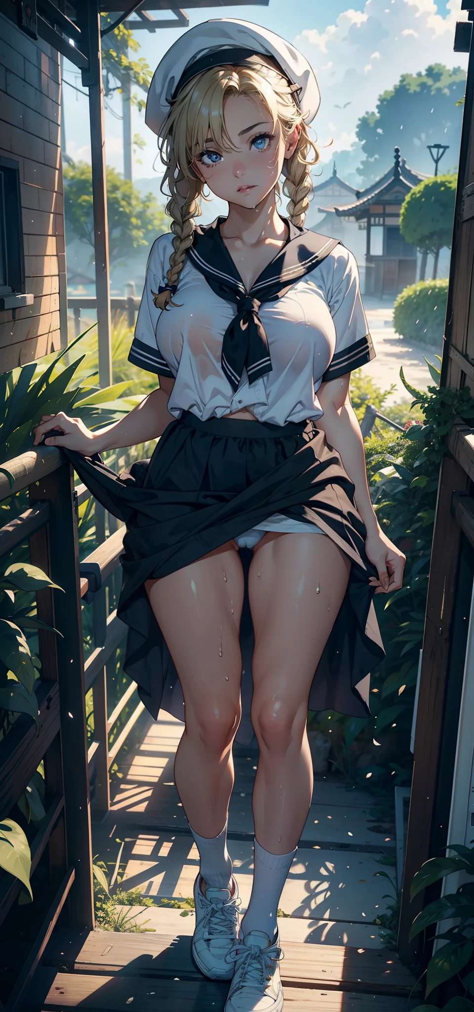 1female，25 age old，Slim，Large breasts，long leges，Big breasts Thin waist，Pornographic exposure， 独奏，（Background with：bamboo forrest，Stand in a sea of flowers，in summer） She has short blonde hair，standing on your feet，Sweat profusely，drenched all over the body，seen from the front， Twist braids， mostly cloudy sky，（（（tmasterpiece），（Very detailed CG unity 8K wallpaper），best qualtiy，cinmatic lighting，detailed back ground，beatiful detailed eyes，Bright pupils，（Very fine and beautiful），（Beautiful and detailed eye description），ultra - detailed，tmasterpiece，）），facing at camera，A high resolution，ultra - detailed），revealing breasts，Bare genitalia， Bulge，Camel toes，Raised sexy，Flushed complexion，Open-mouthed，frontage，Sailor's cap，（Wearing：Sailor uniform，Black socks，athletic sneakers）nakeness，fully body photo