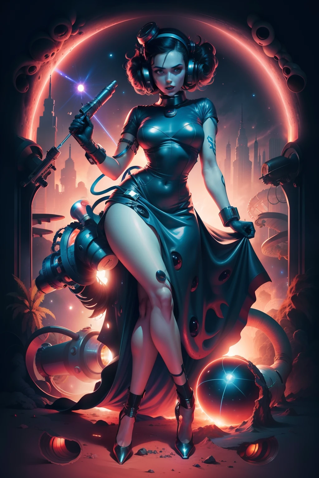 space girl with laser gun, being attacked by a space tentacle monster 8k resolution photographic quality 1950's sci-fi magazine art style