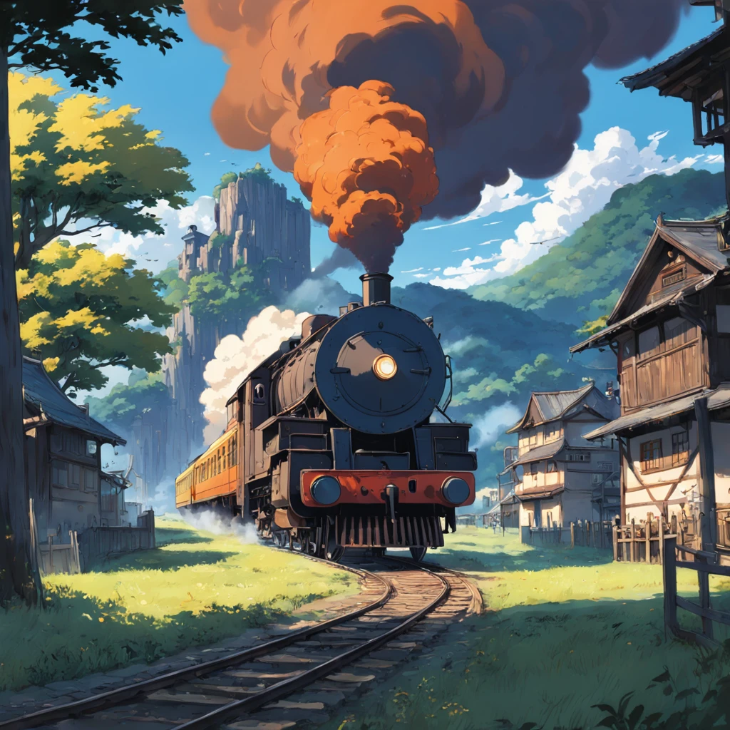 burning on flame, rural village, with locomotive passing by, studio ghibli scenery, perfect, best quality, best art, girl with short brown hair (high detailed:1.4) 8K