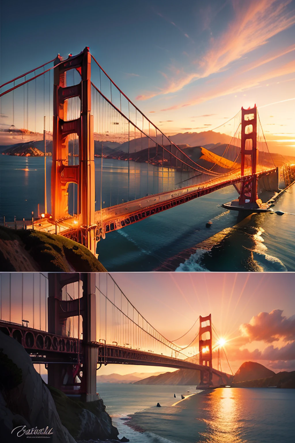 painting with the look of a retro travel poster of california, san francisco, side view from the ocean of the golden gate bridge, sunset