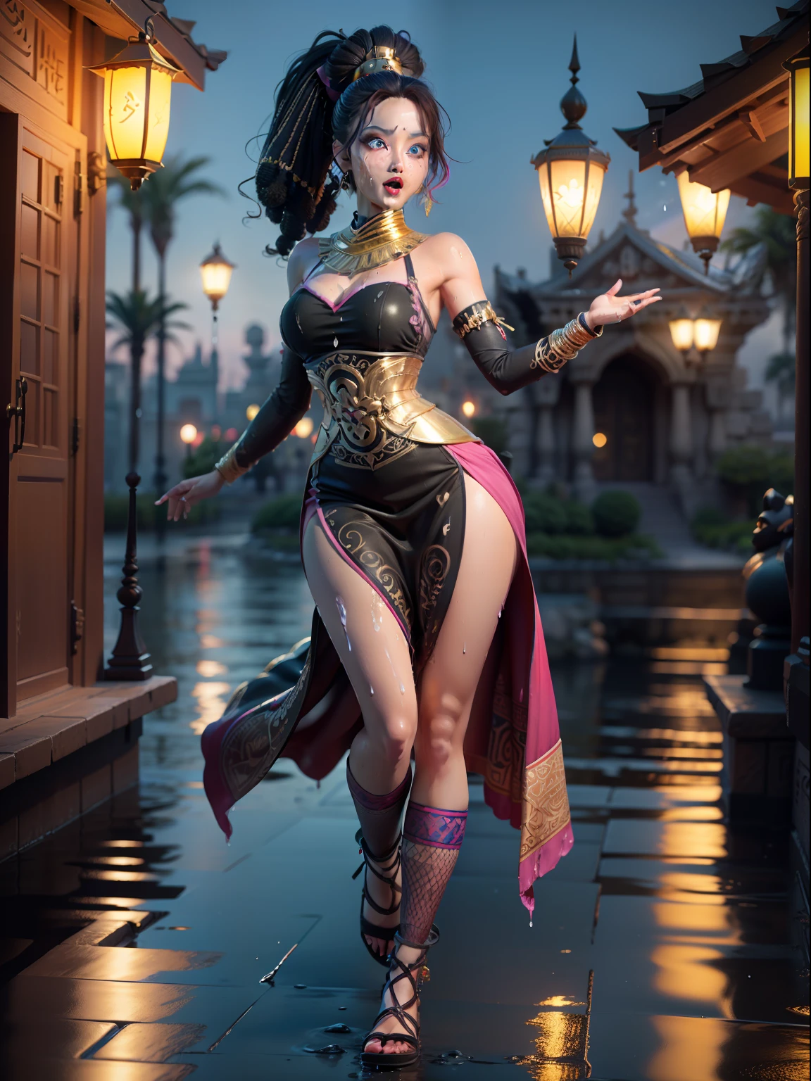 ((professional 3d render)), ((Realistic)), (((Egypt ethnic dress))) female warrior, three-dimensional art objects, cute seduction, (((big blue eyes, thin pink lips, thin nose, long black wet hair))), open mouth while smile, emphasizing slender abs, Detailed eyes, passionate body, high-ponytail hair style, / shoulders exposed, / decorated arm sleeve, wear arm cyberpunk sleeve, wear tight Fishnet Stockings, strappy sandals/ extremely detailed,((fractal art)), colorful, highest detailed,((zentangle)), (dynamic pose), ((many colors)), location garden with riverside and rock or temple or bridge, night lantern, colorful abstract on outfit, Figure, blind box, ( Disney style), high qulity, high detal, (super-fine), 16K resolution, (Macro lens), ((Master's work)),((Like full body)),(Basic diagram model),(Traching),gold, White and purple dominate