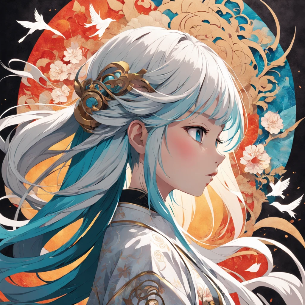 (White background:1.4),(Silhouette of a girl's head, Eyes closed, colorfull long hair, Oriental elements),(Chinese illustration:1.3,paper art:1.3, Quilted paper art:1.2),( reasonable design, Clear lines, High sharpness,Best quality, Very detailed, Masterpiece, movie light effect, 4K )