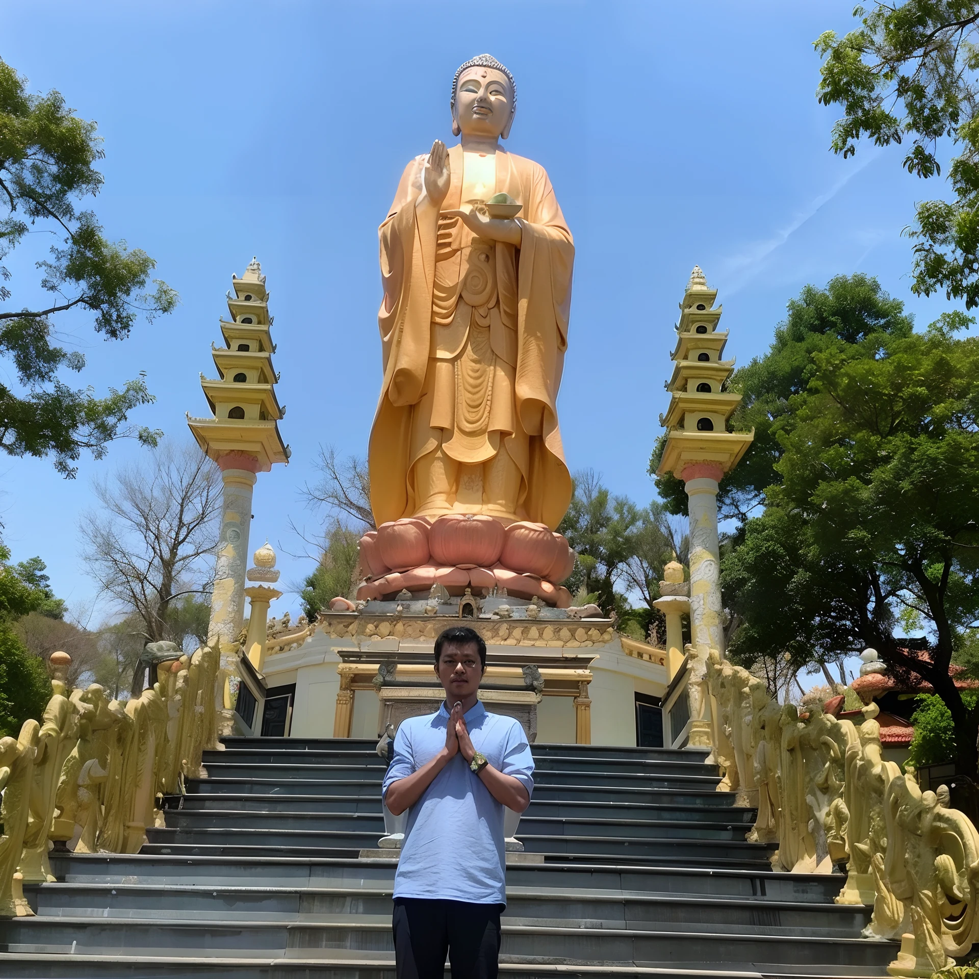 arafed man standing in front of a golden statue in a park, in front of a temple, in front of the temple, standing in a buddhist temple, with a chinese temple, in a temple, buddhism, temple in the background, nivanh chanthara, dang my linh, standing on a lotus, by Dan Content, posing like a statue