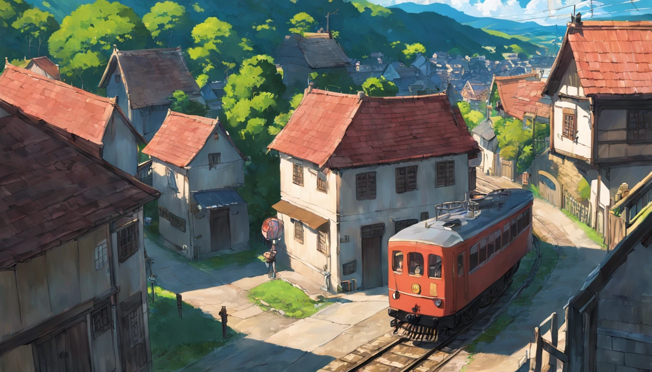 rural village, with locomotive passing by, studio ghibli scenery, perfect, best quality, best art, girl with short brown hair (high detailed:1.4) 8K